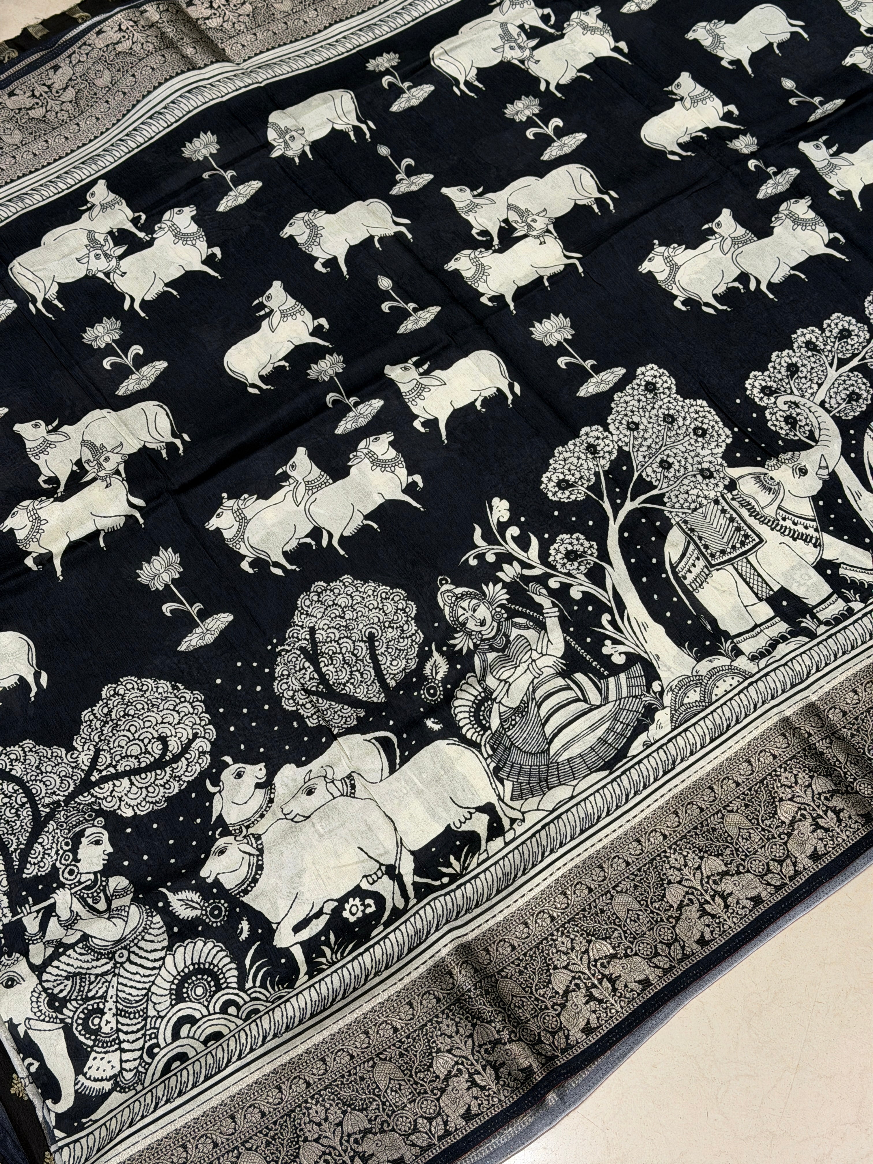 Black and White Printed Pichwai Munga Silk Saree