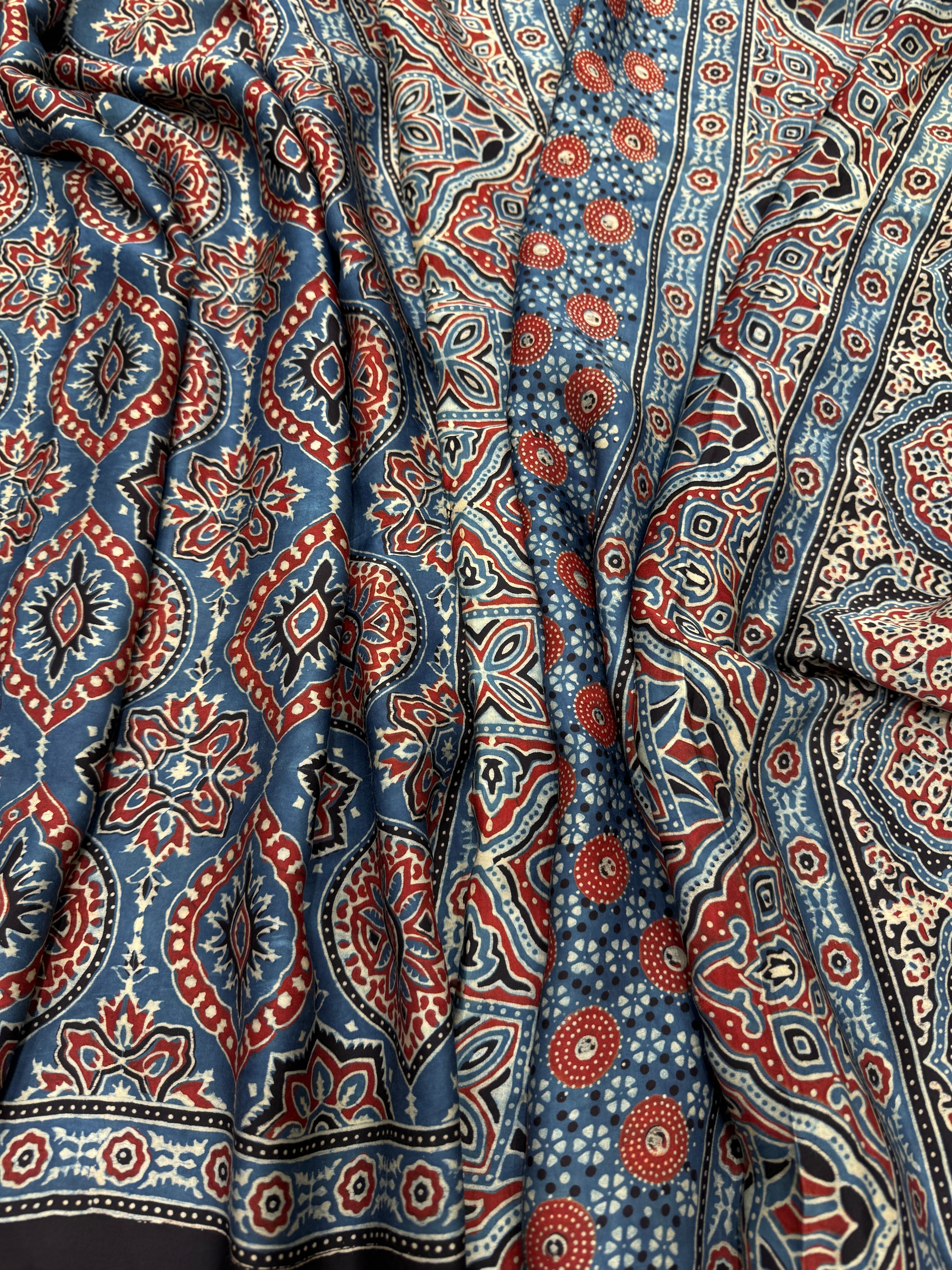 Blue Jewelled Flower Ajrakh Modal Gajji Silk Saree