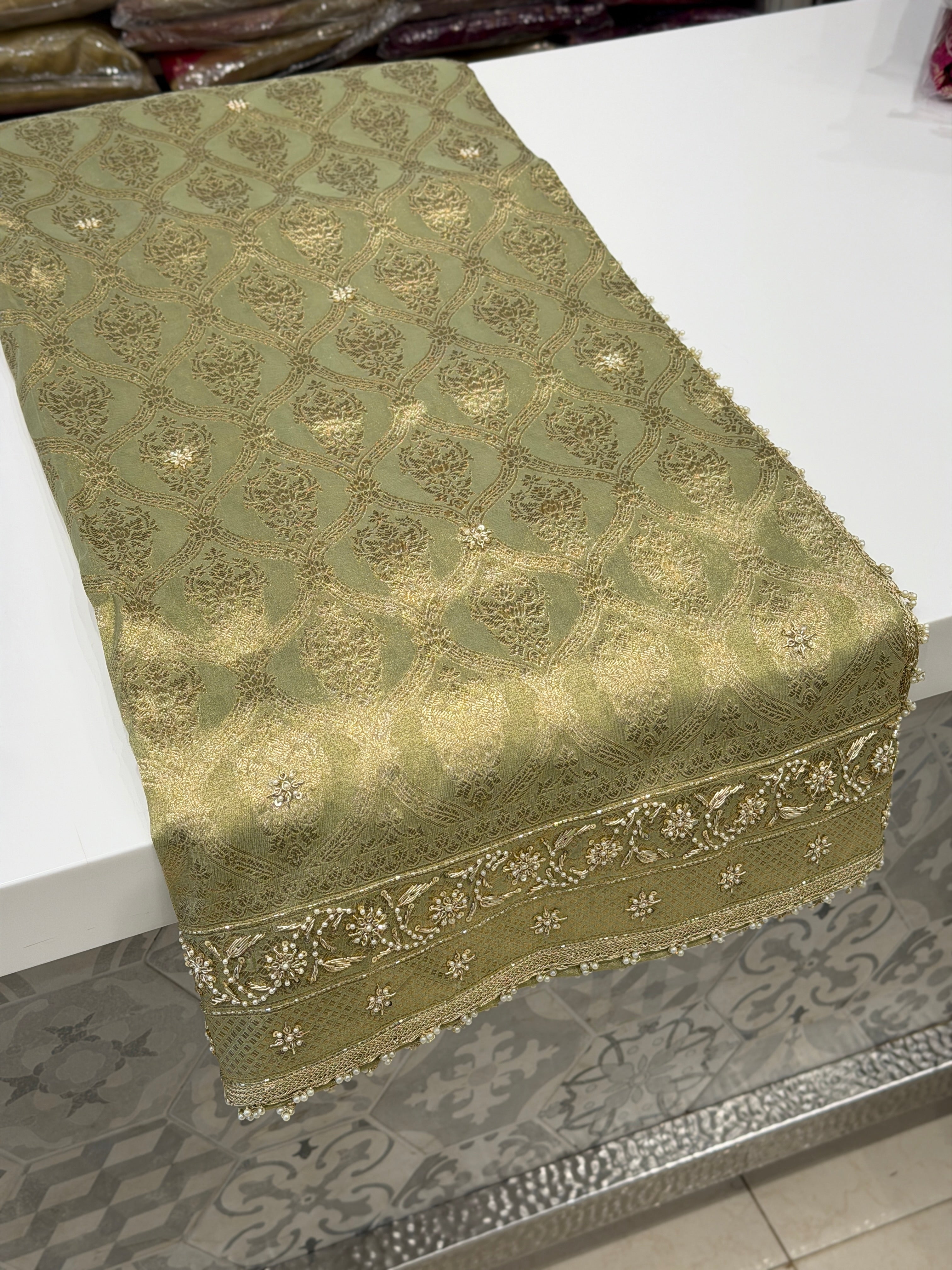 Pista Green Tissue Crown Jaal Hand Embroidery Zardosi gota Saree