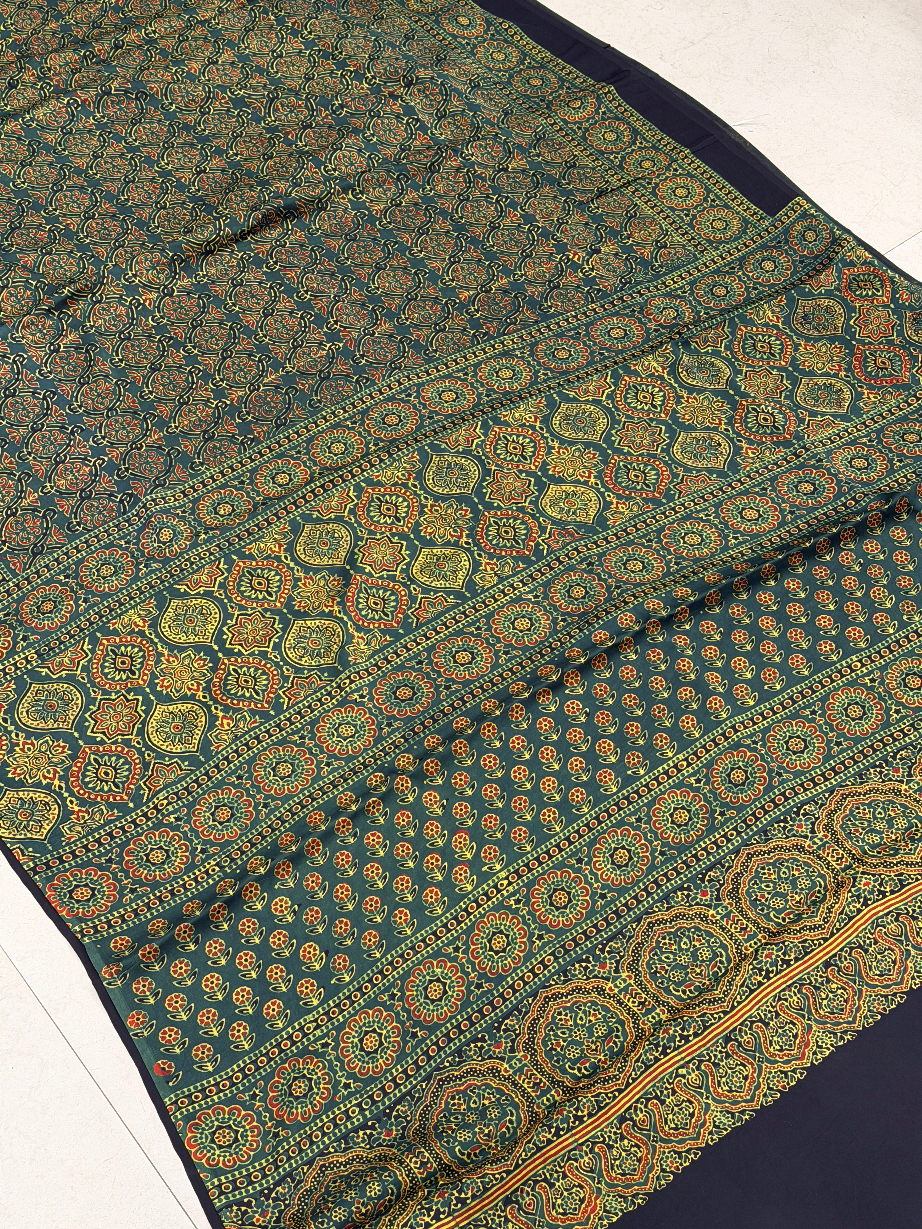 Green Ajrakh Hand Block Print Pure Modal Silk Saree