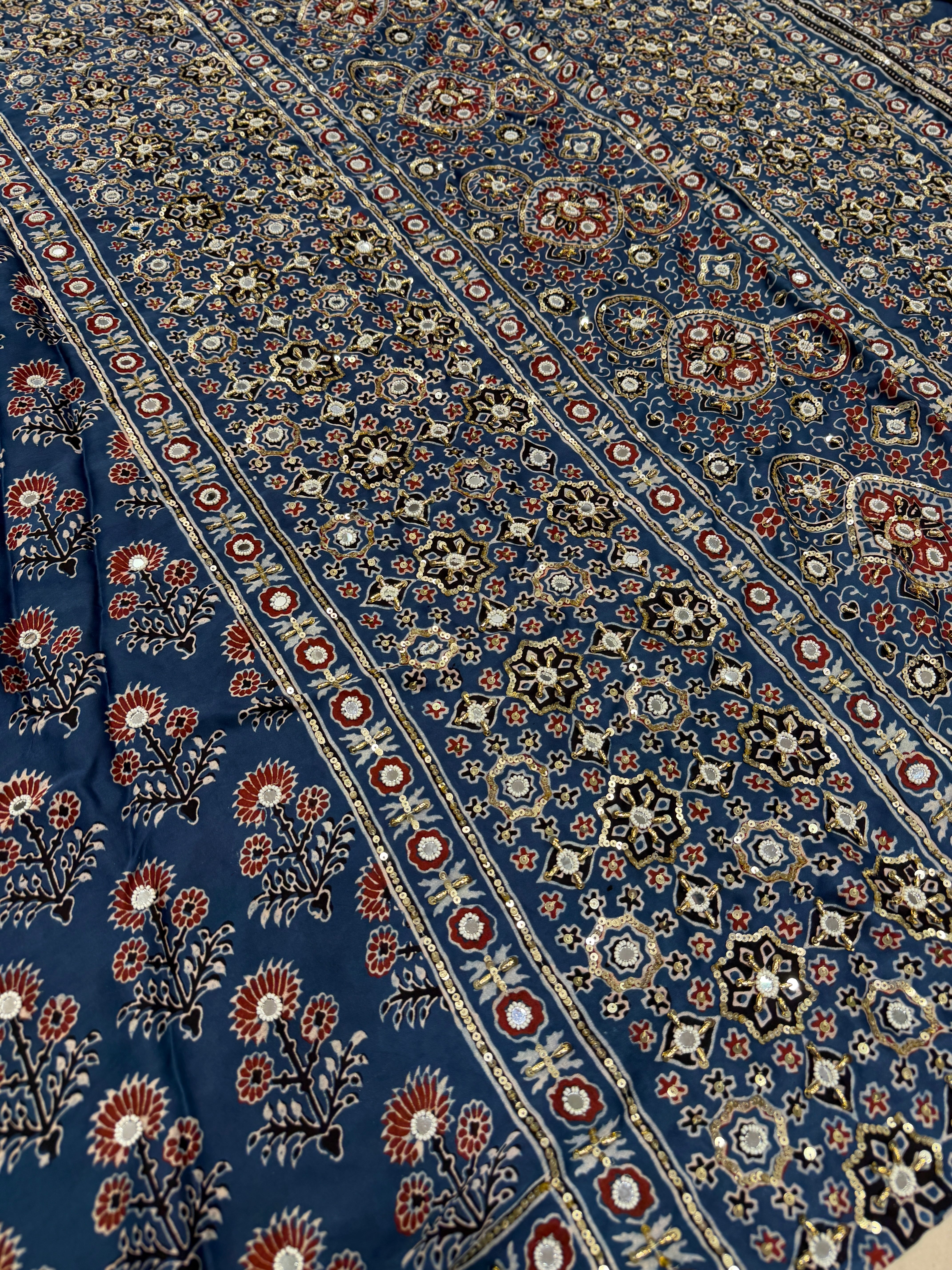 Blue Three Floral Buttas Ajrakh Real Mirror Moti Sequin Hand Embroidery Saree