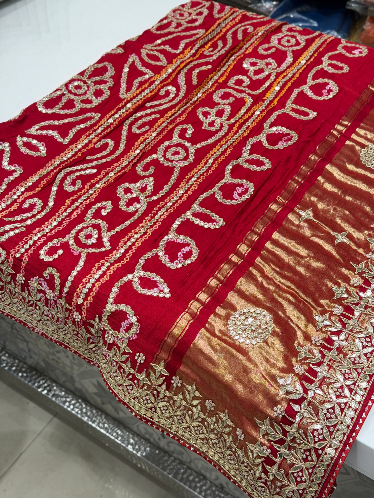 Red Bandhej Gharchola Marodi Gotapatti Hand Embroidery Saree