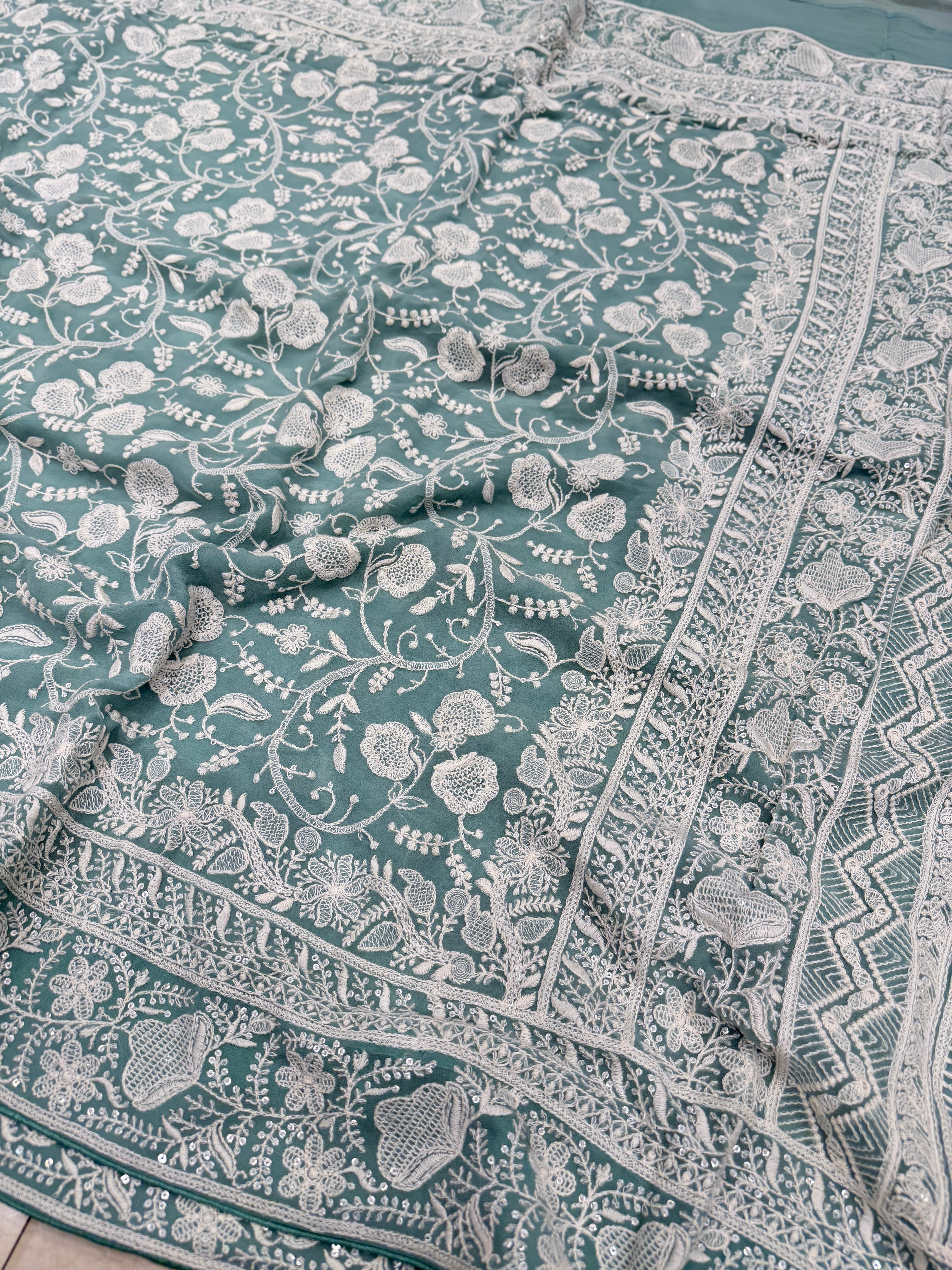 Mint Green Georgette Chikankari Three Floral Jaal Resham Embroidery Saree