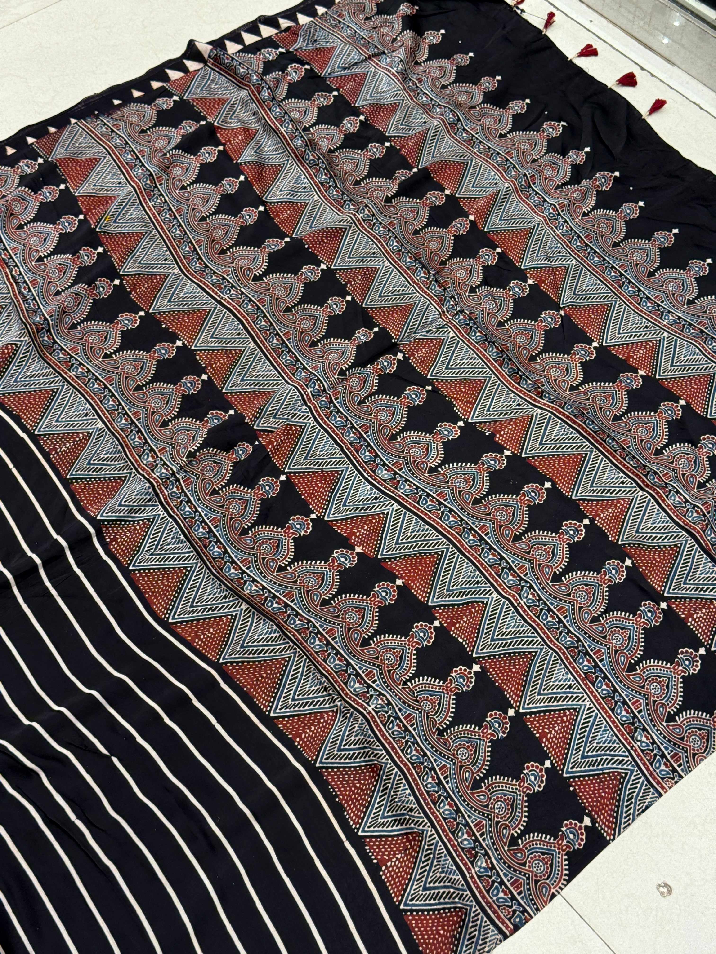 Black Contemporary Ajrakh Block Print Hand Pure Gajji Silk Saree