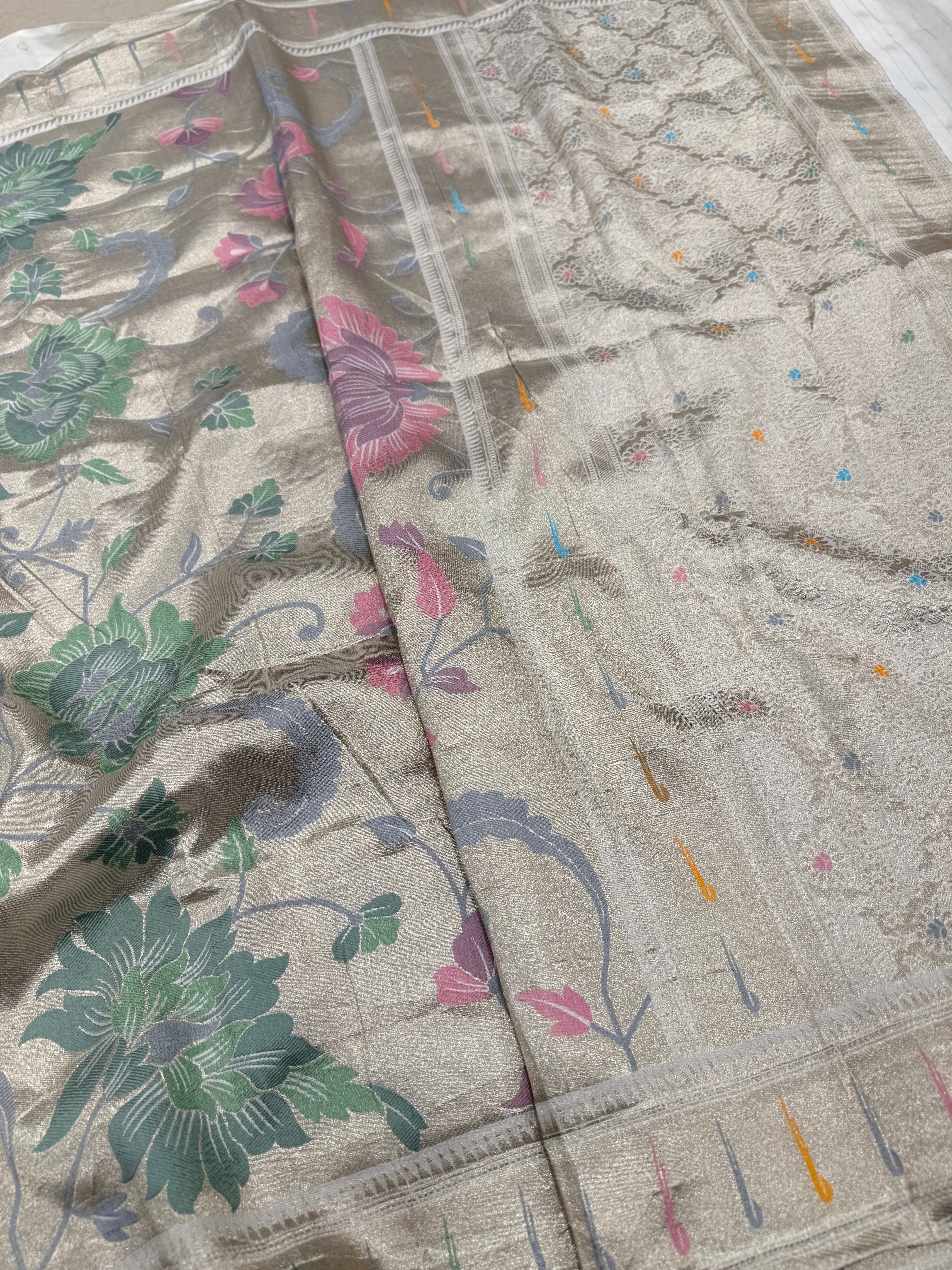 Silver Meenakari Muniya Tissue Munga Banarasi Paithani Saree