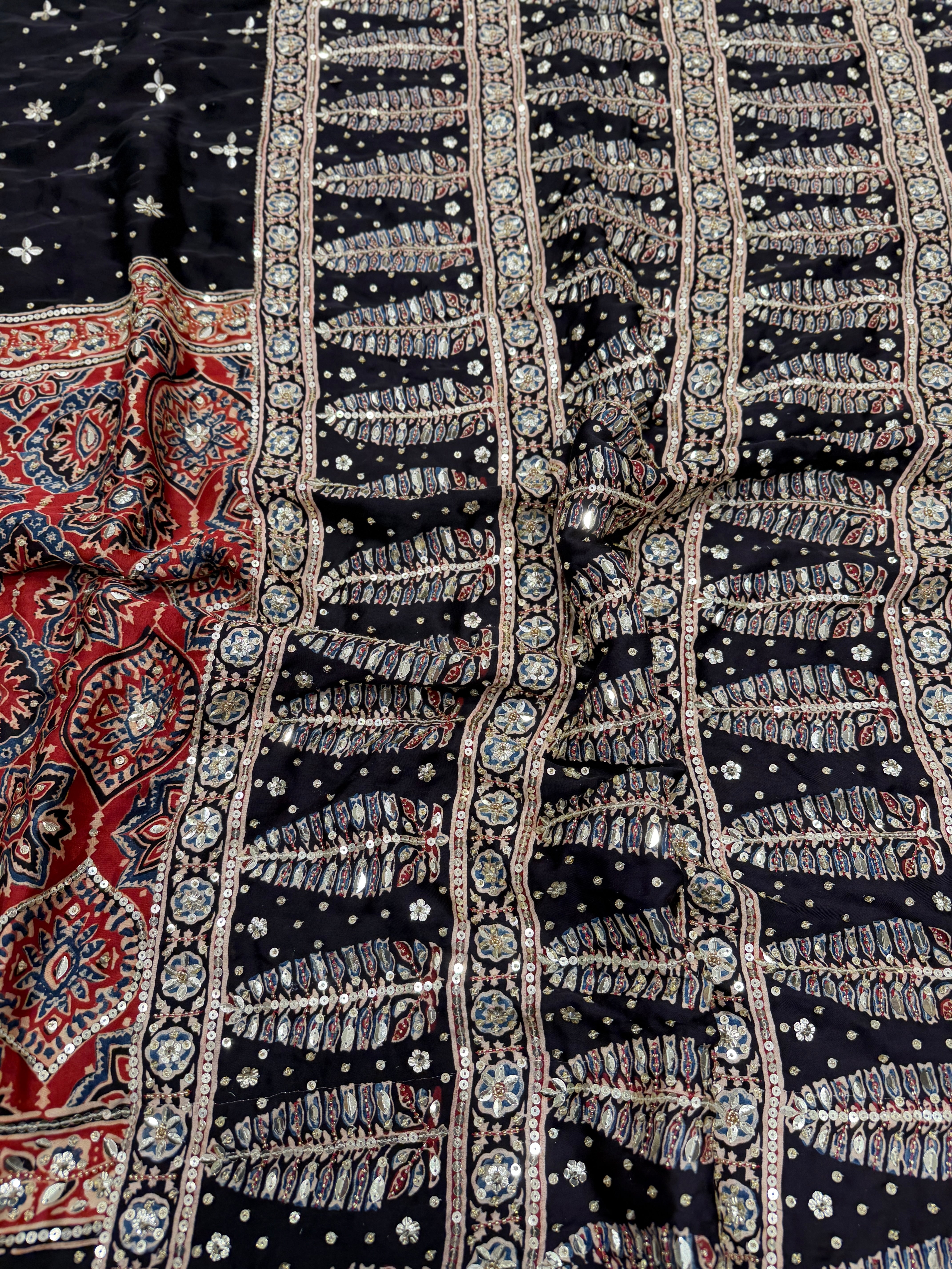 Red Black Badam Jaal Ajrakh Sequin Moti Hand Embroidery Saree