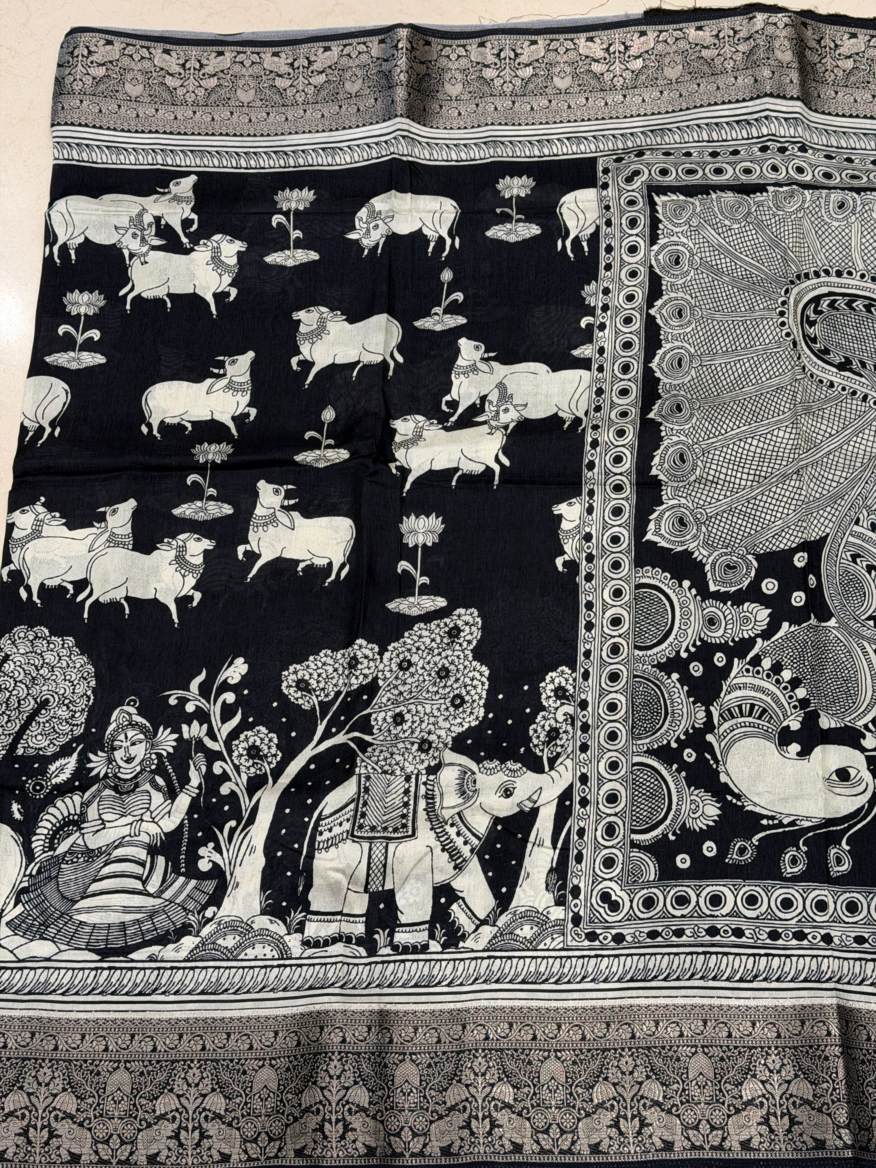 Black and White Printed Pichwai Munga Silk Saree