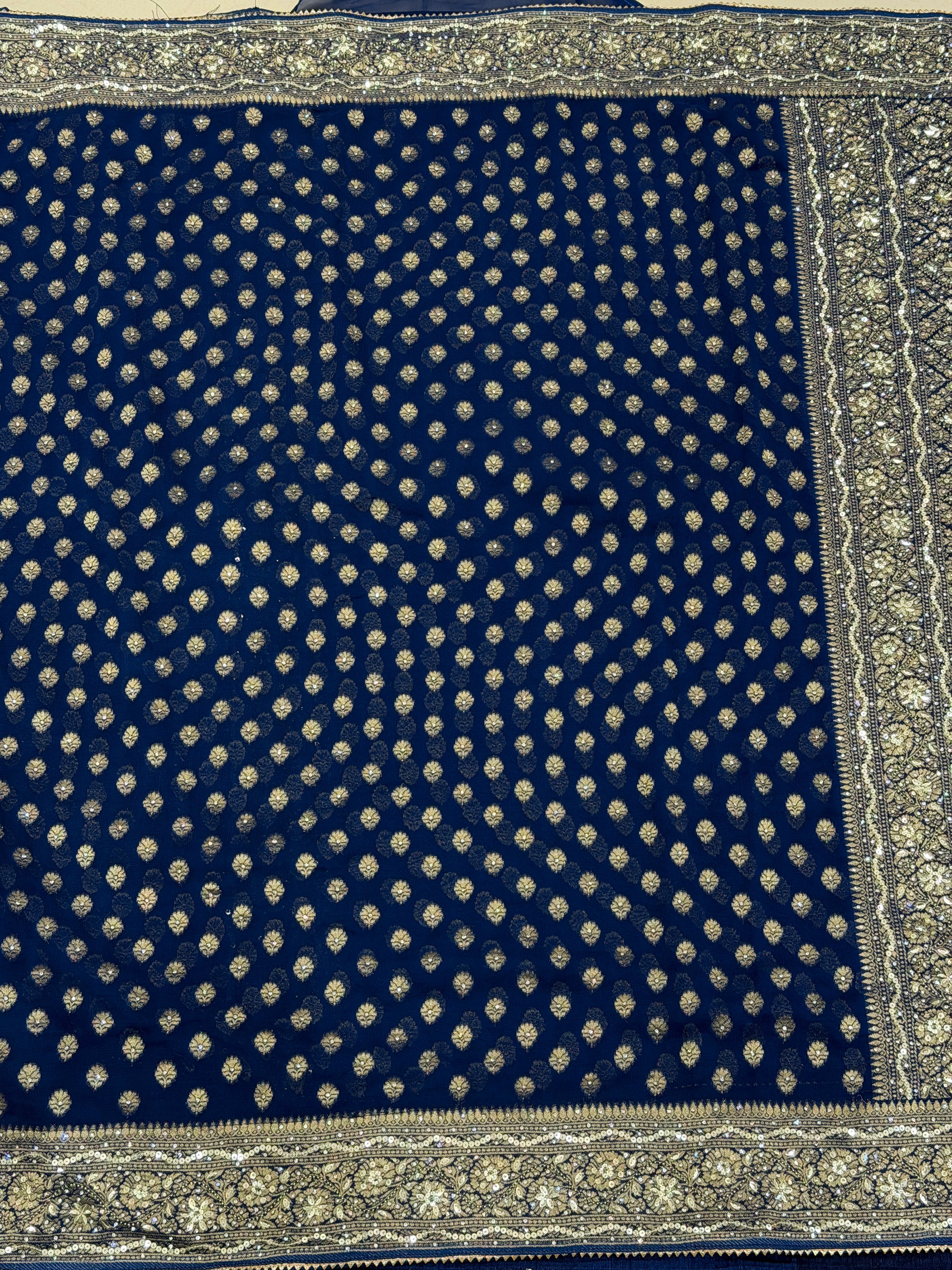 Blue Banarasi Khaddi Georgette Butti Hand Embroidery Sequin Stone Saree