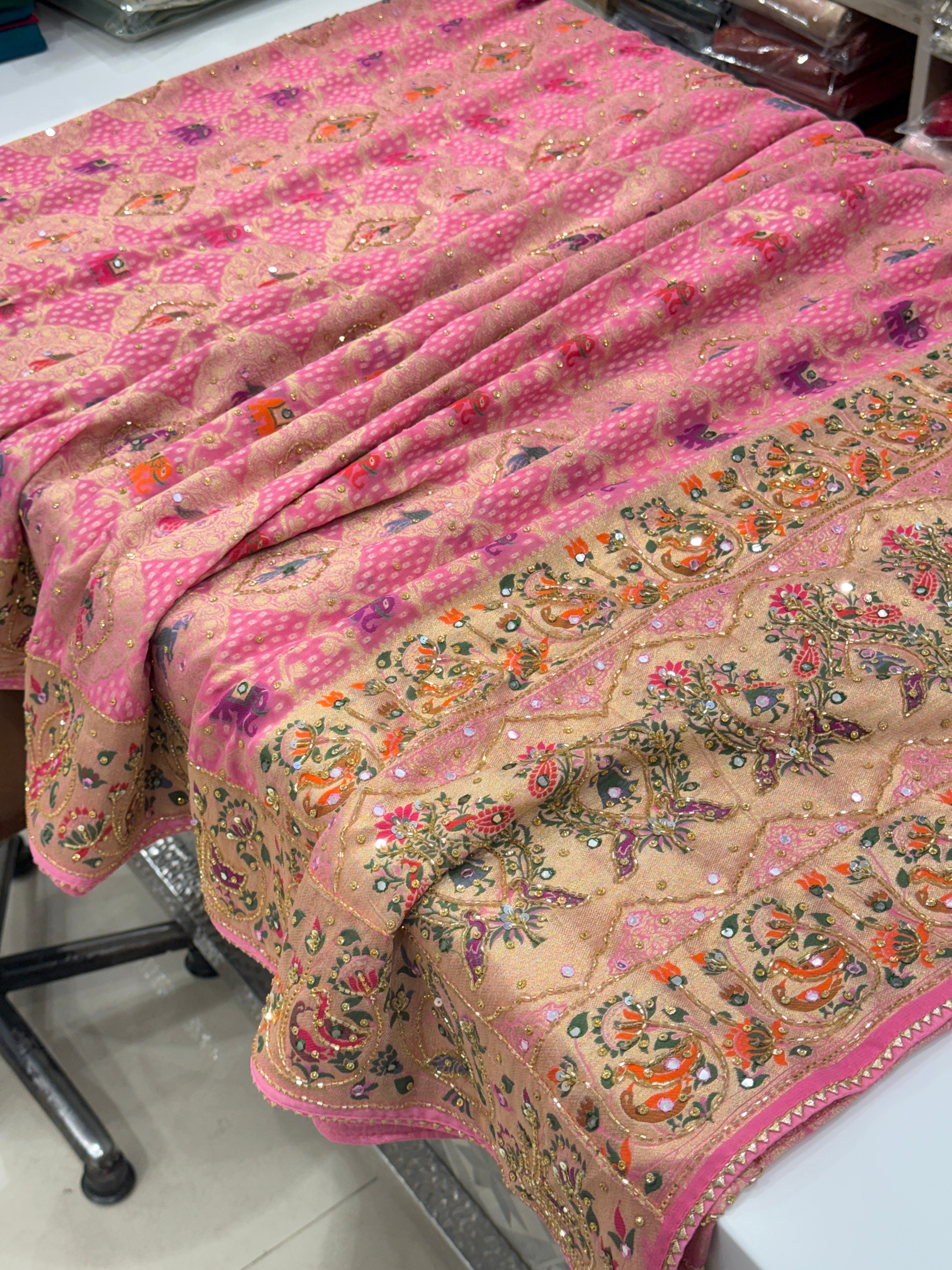 Pink Woven Bandhej Peacock Elephant Motifs Gharchol Embroidery Saree