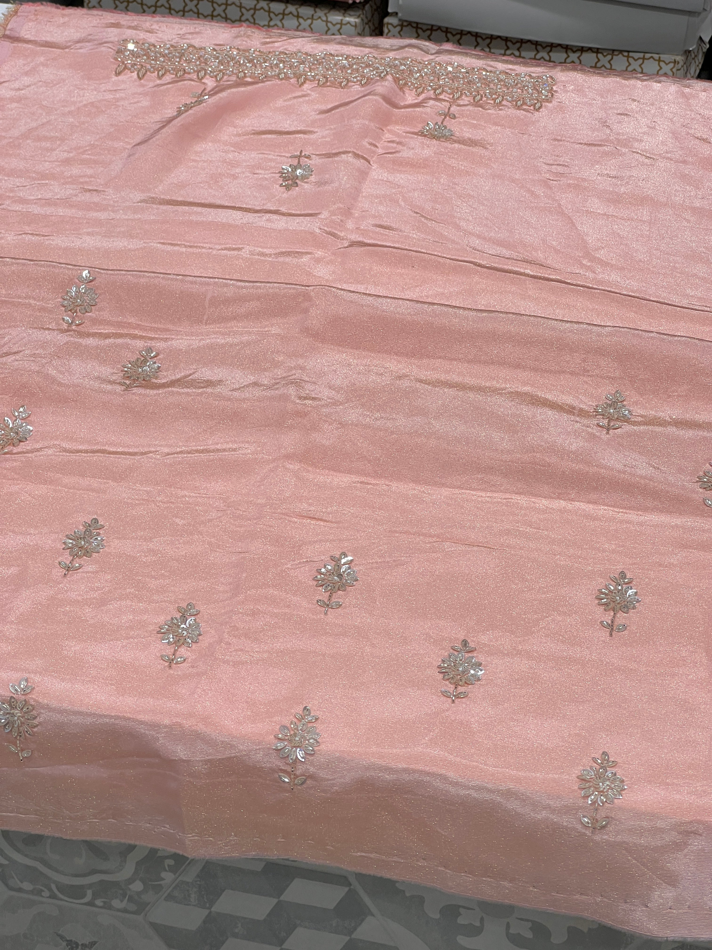 Pink Kareena Kapoor Inspired Crepe Tissue Embroidery Saree 2.0