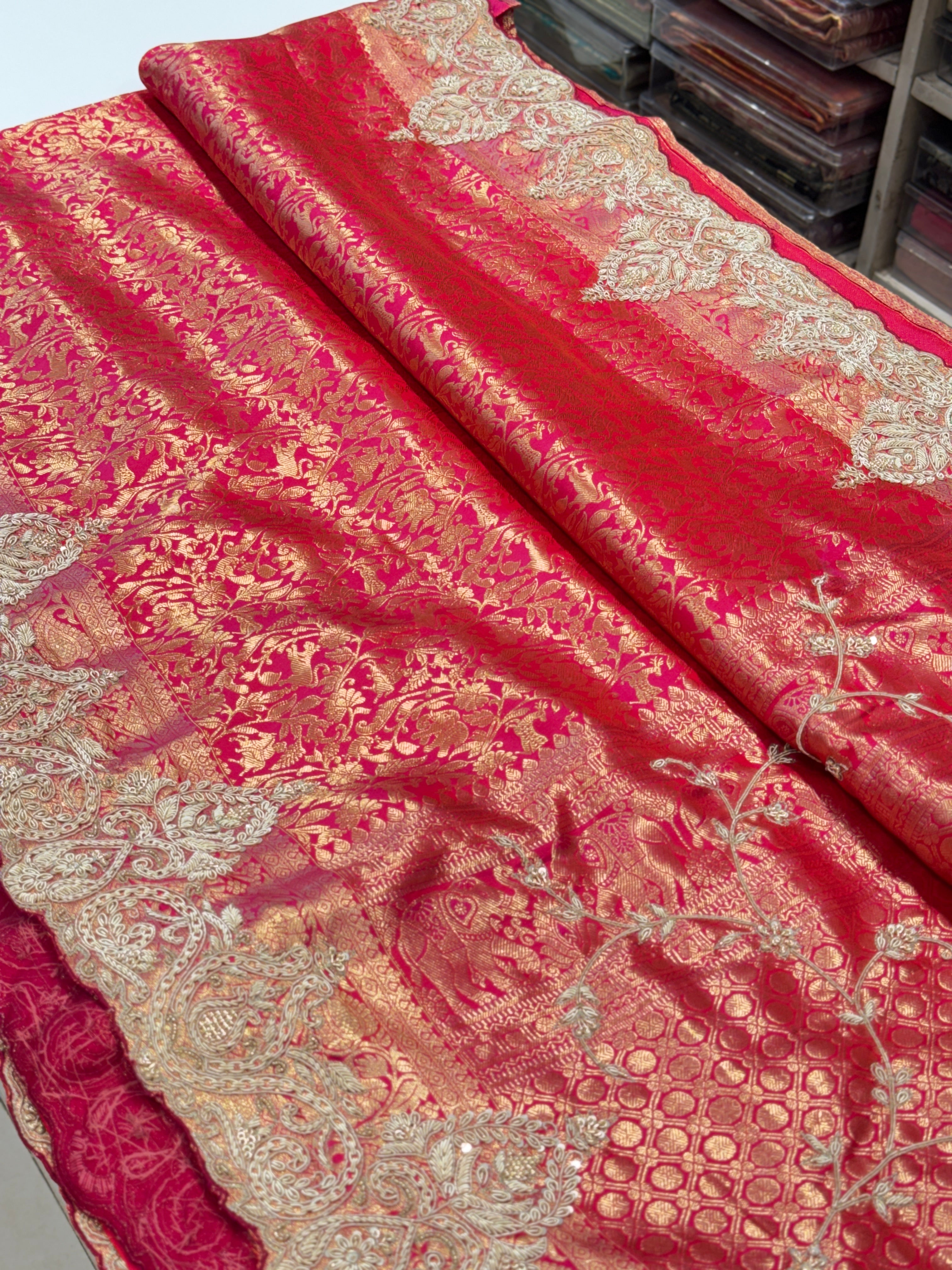 Rani Pink Kanjivaram Zardosi Hand Embroidery Saree