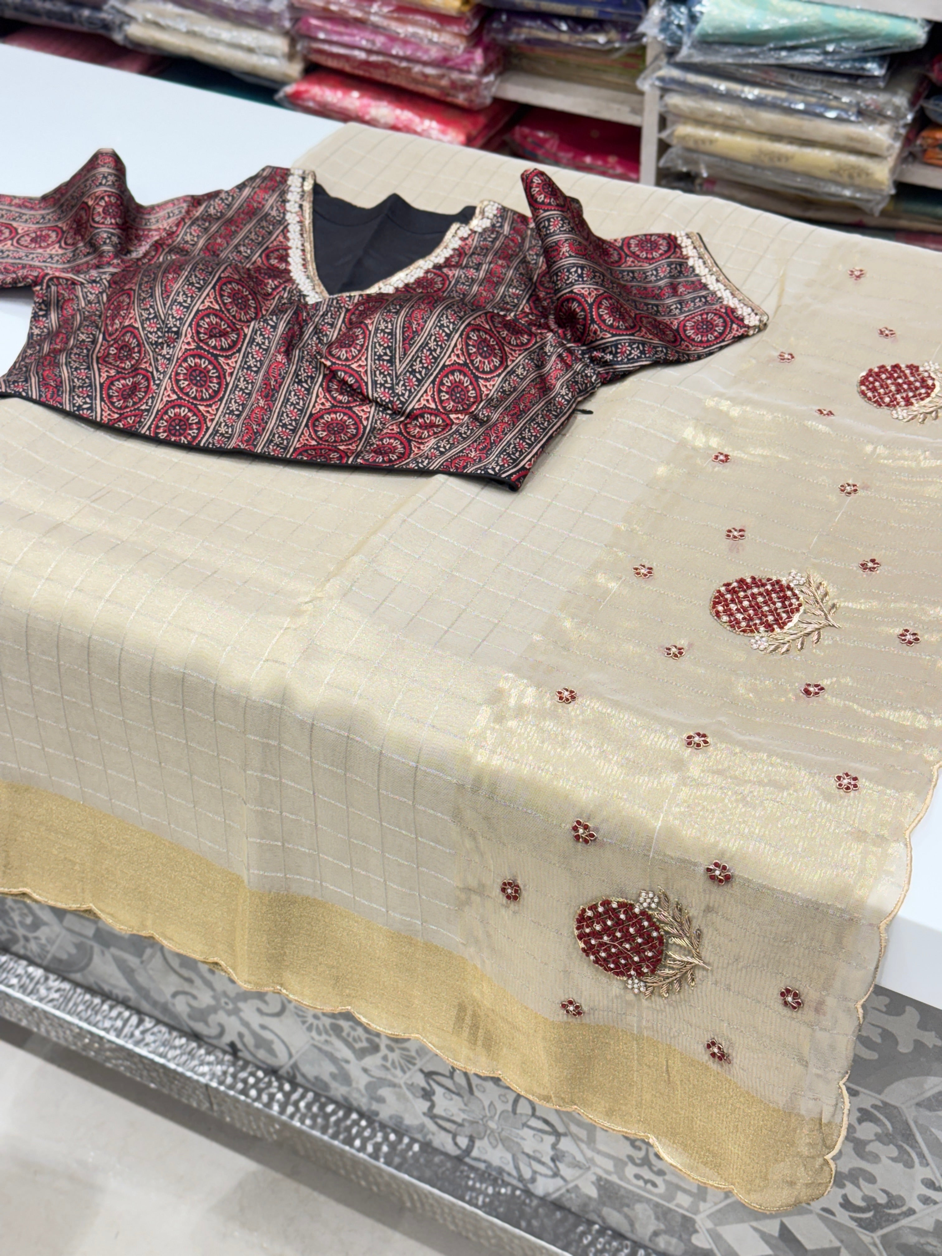 Golden Tissue With Ajrakh Ready Blouse Hand Embroidery