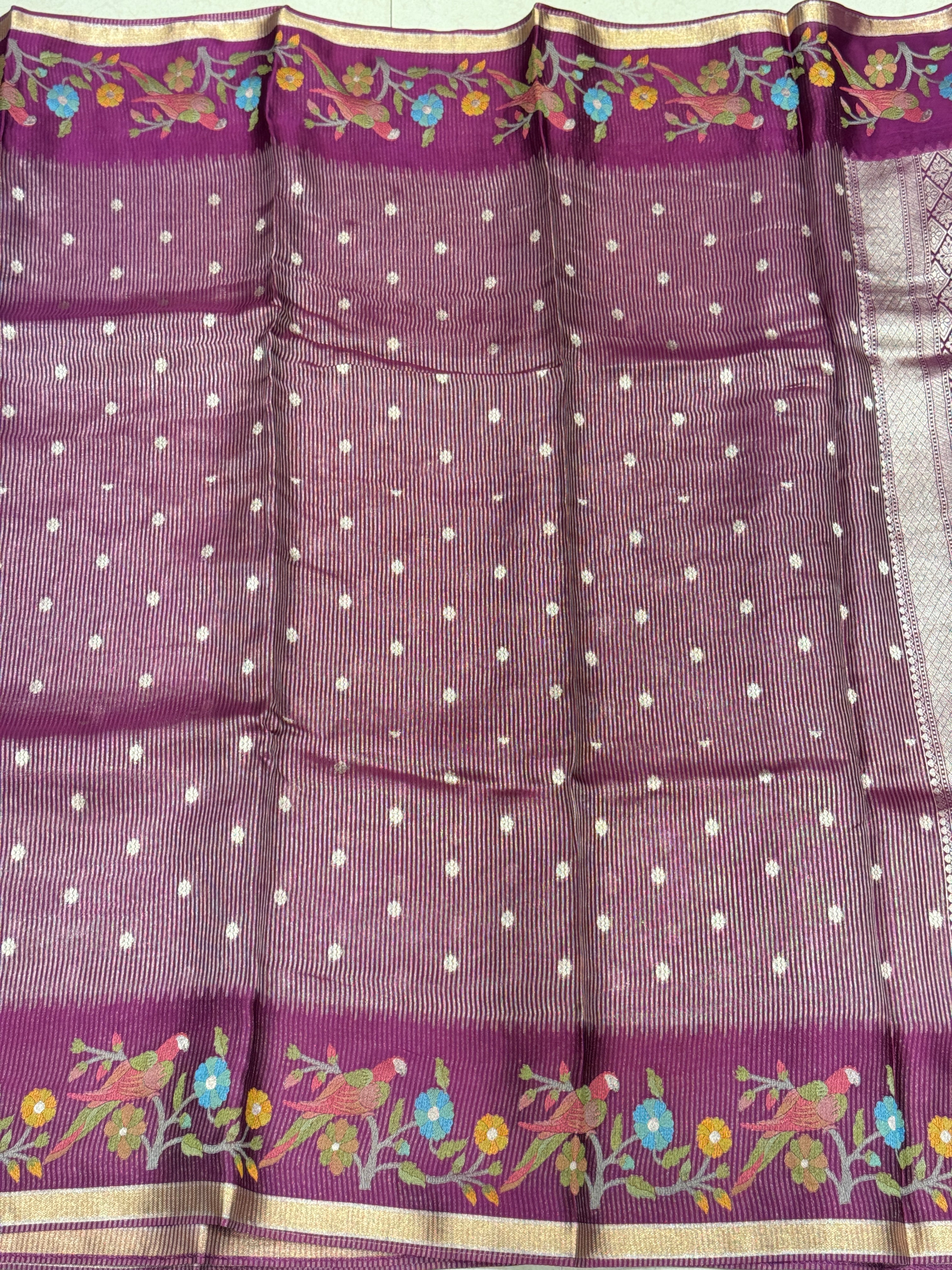 Wine Contemporary Tissue Parsi Petit Point Weaved Saree