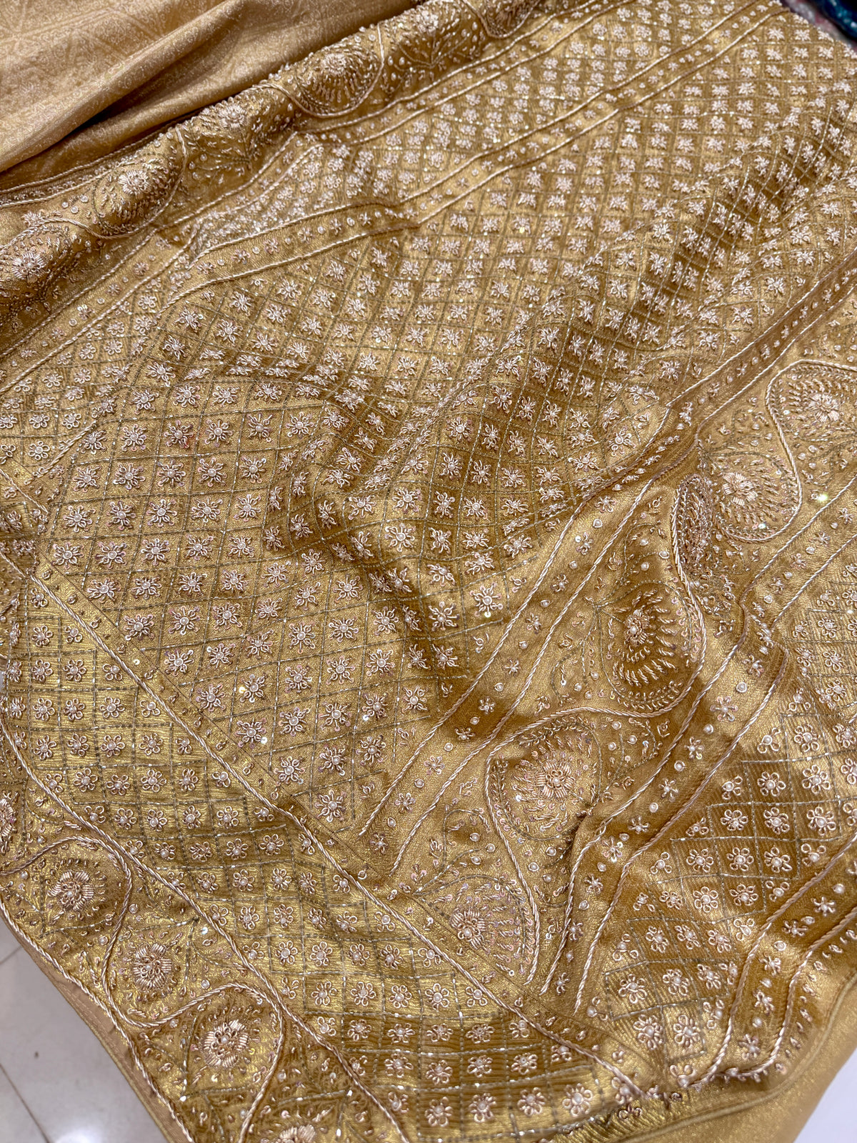 Light Golden Floral Kanjivaram Zardosi Hand Embroidery Saree