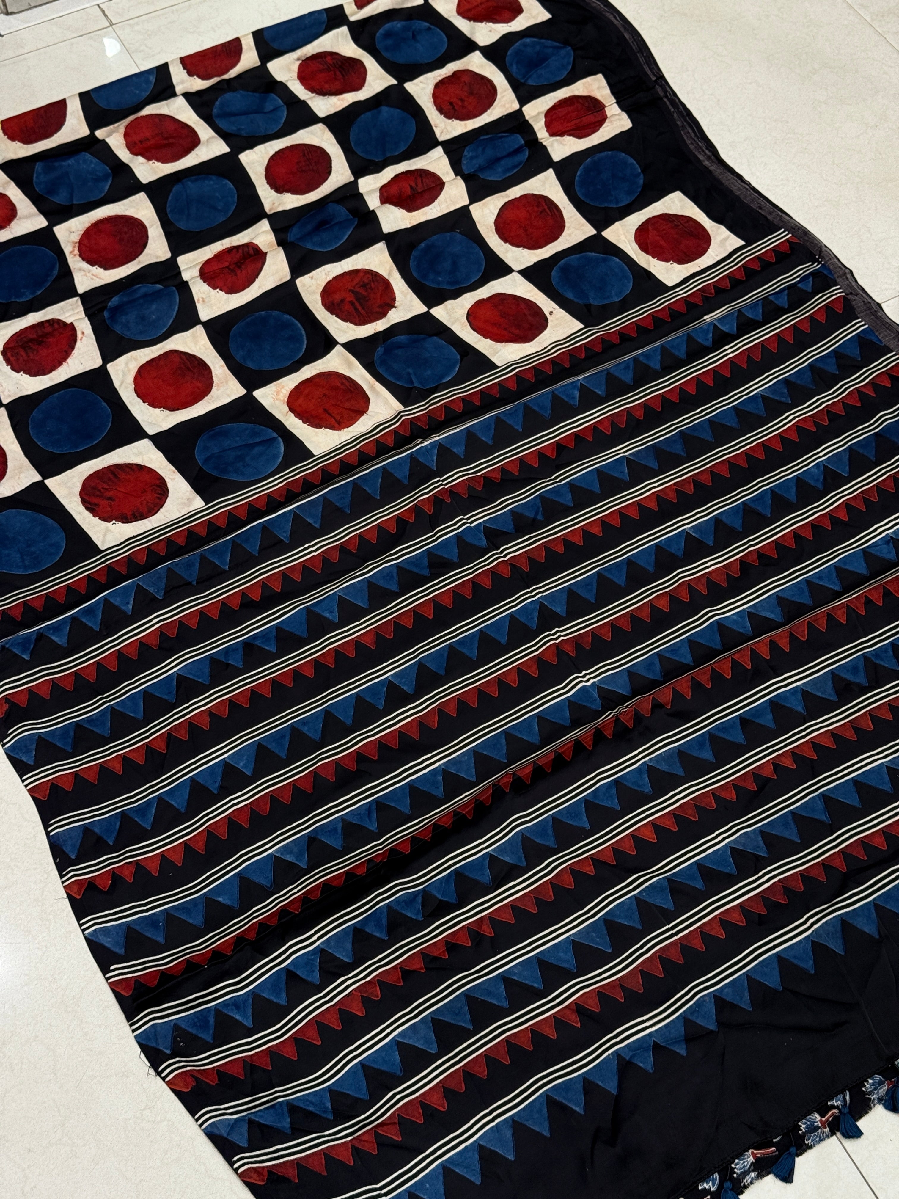 Black Red & Blue Checks Ajrakh Hand Block Print Pure Gajji Silk Saree