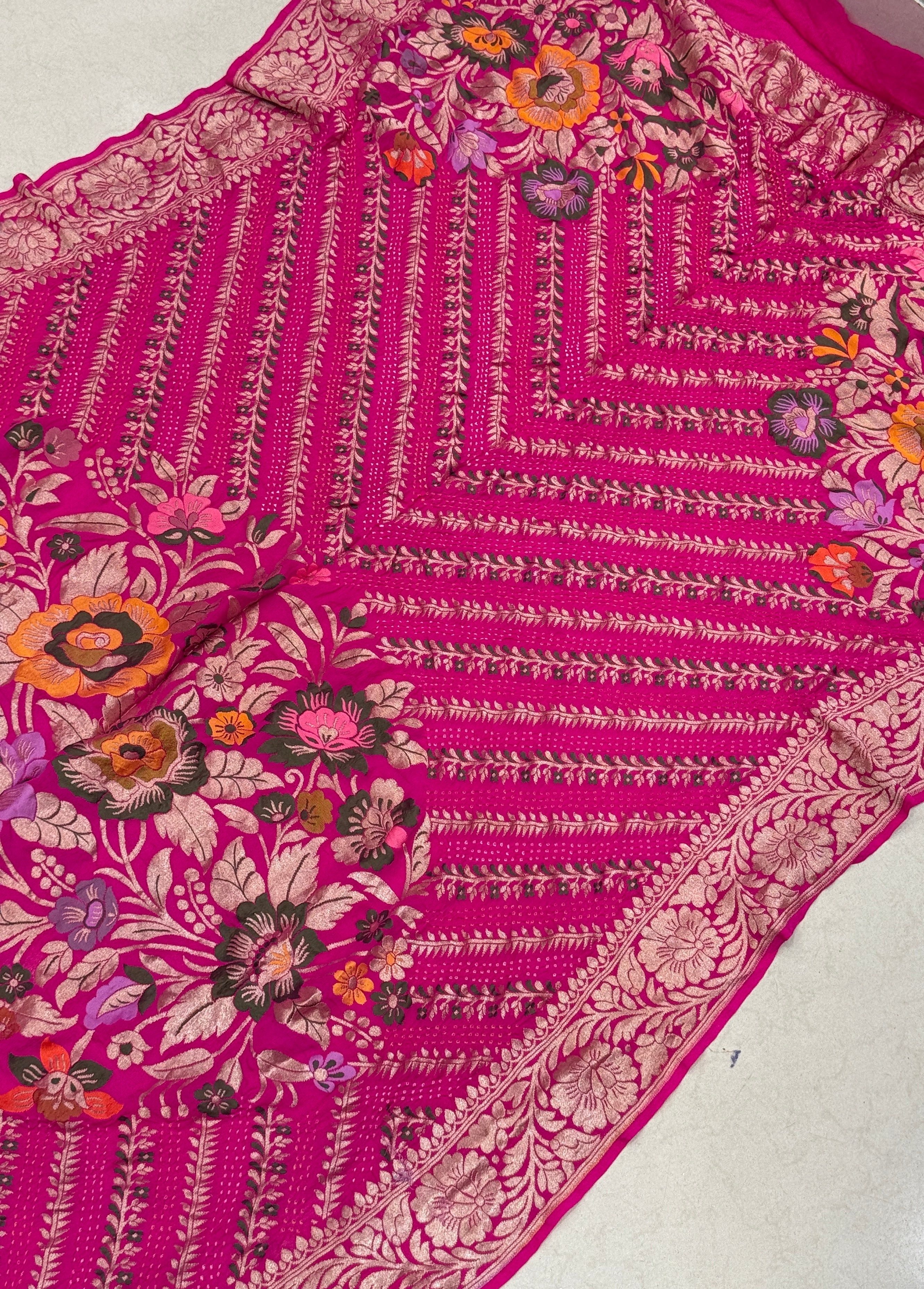 Rani Meenakari Floral Handloom Georgette Rai Bandhej Dupatta