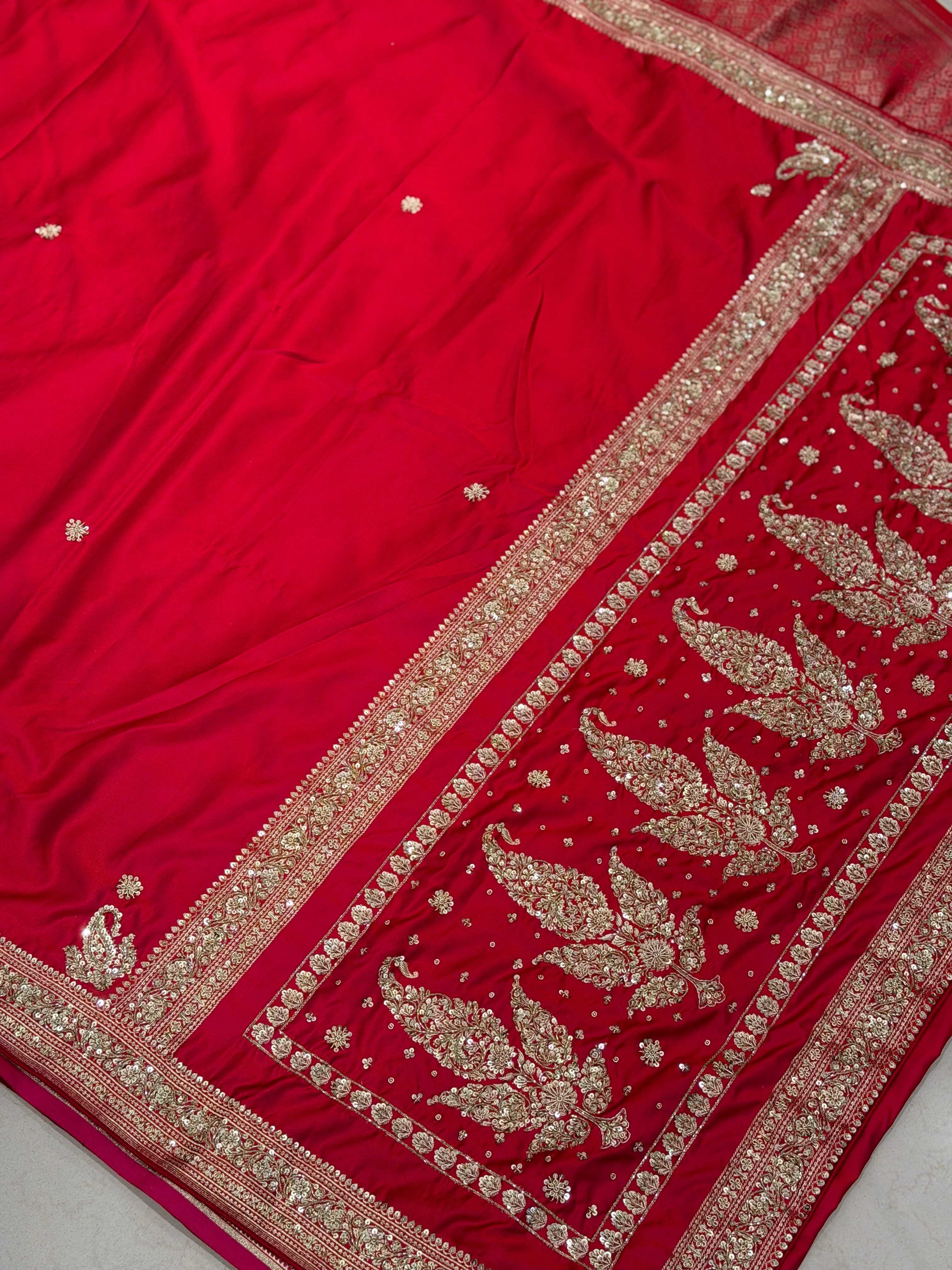 Cross Red Banarasi Plain Zardosi Hand Embroidery Saree
