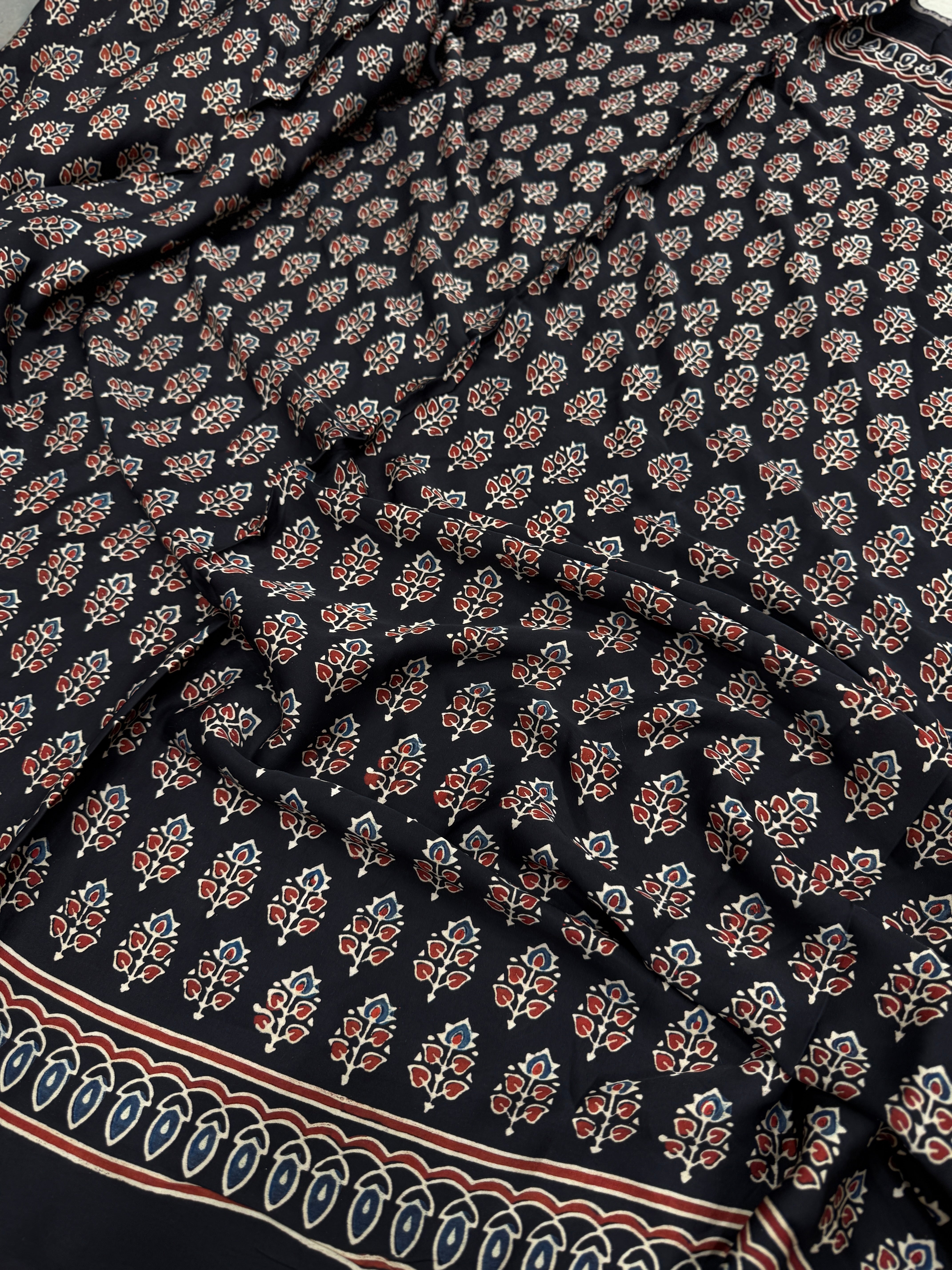 Black Blue Buttis Ajrakh Block Print Hand Pure Gajji Silk Saree