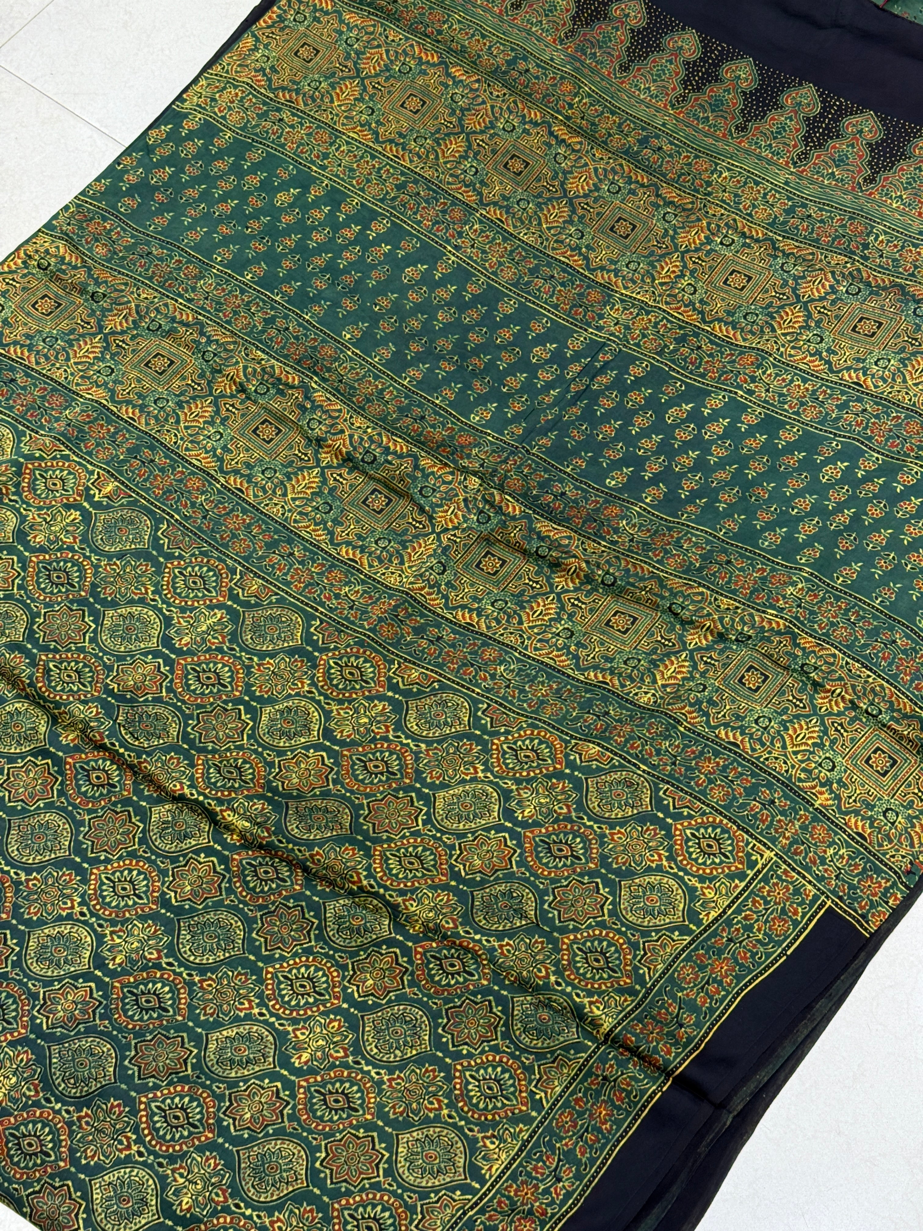 Green Badam Butti Ajrakh Hand Block Print Pure Gajji Silk Saree