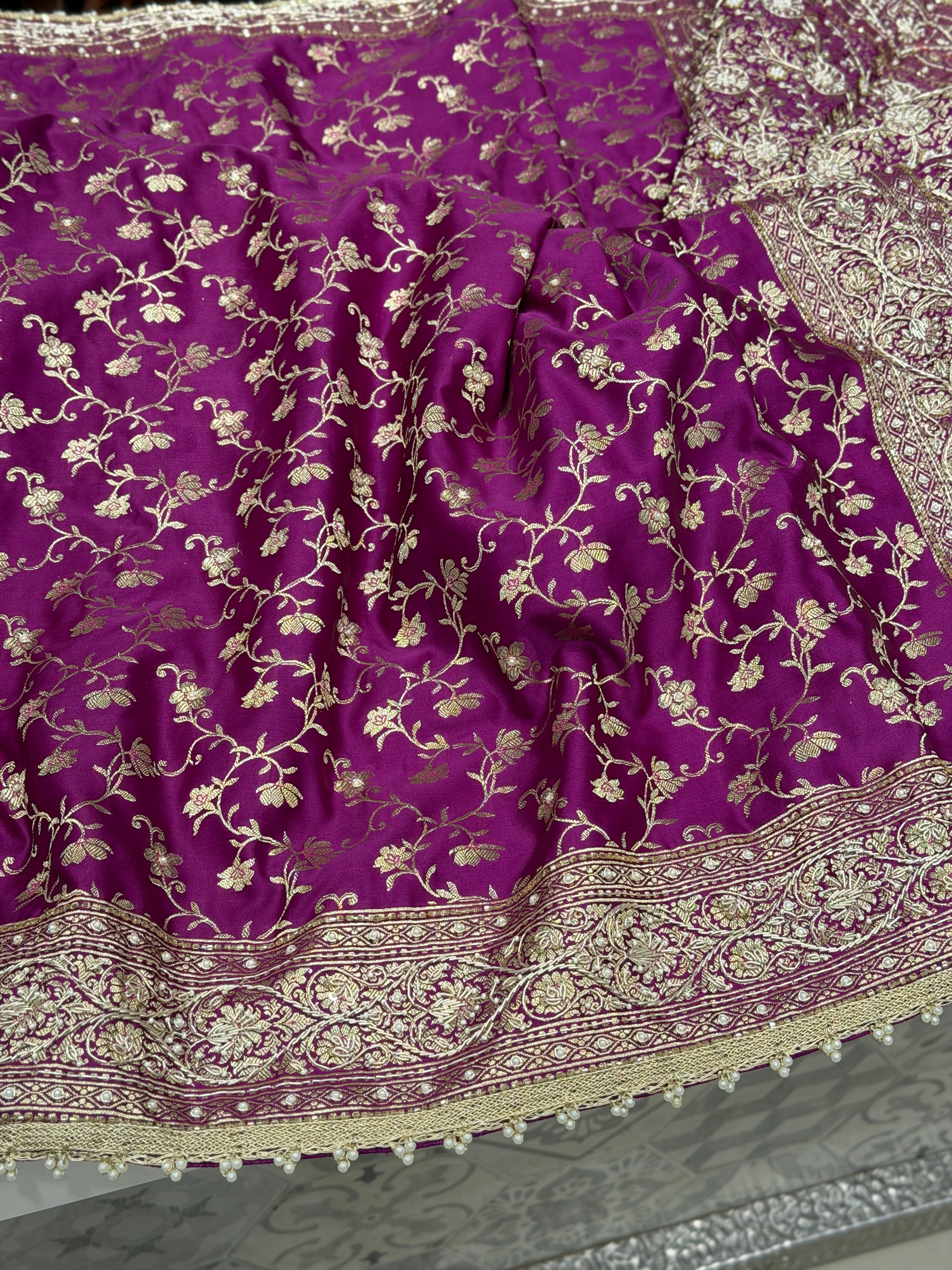 Wine Banarasi Perwinkle Jaal Zardozi Hand Embroidery Saree