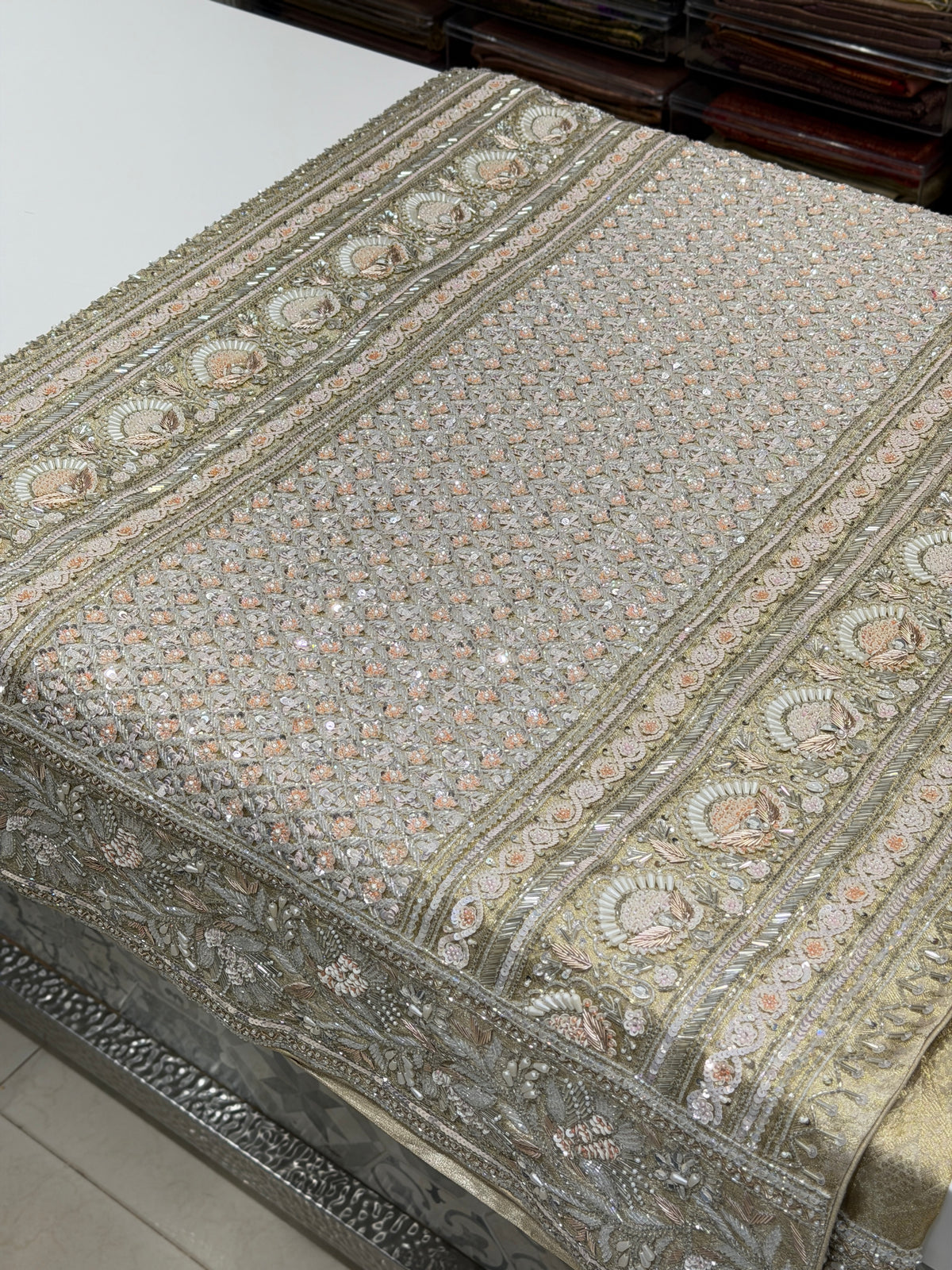 Silver Kanjivaram Heavy Blouse Three Zari Hand Embroidery Zardosi Moti Sequin Saree