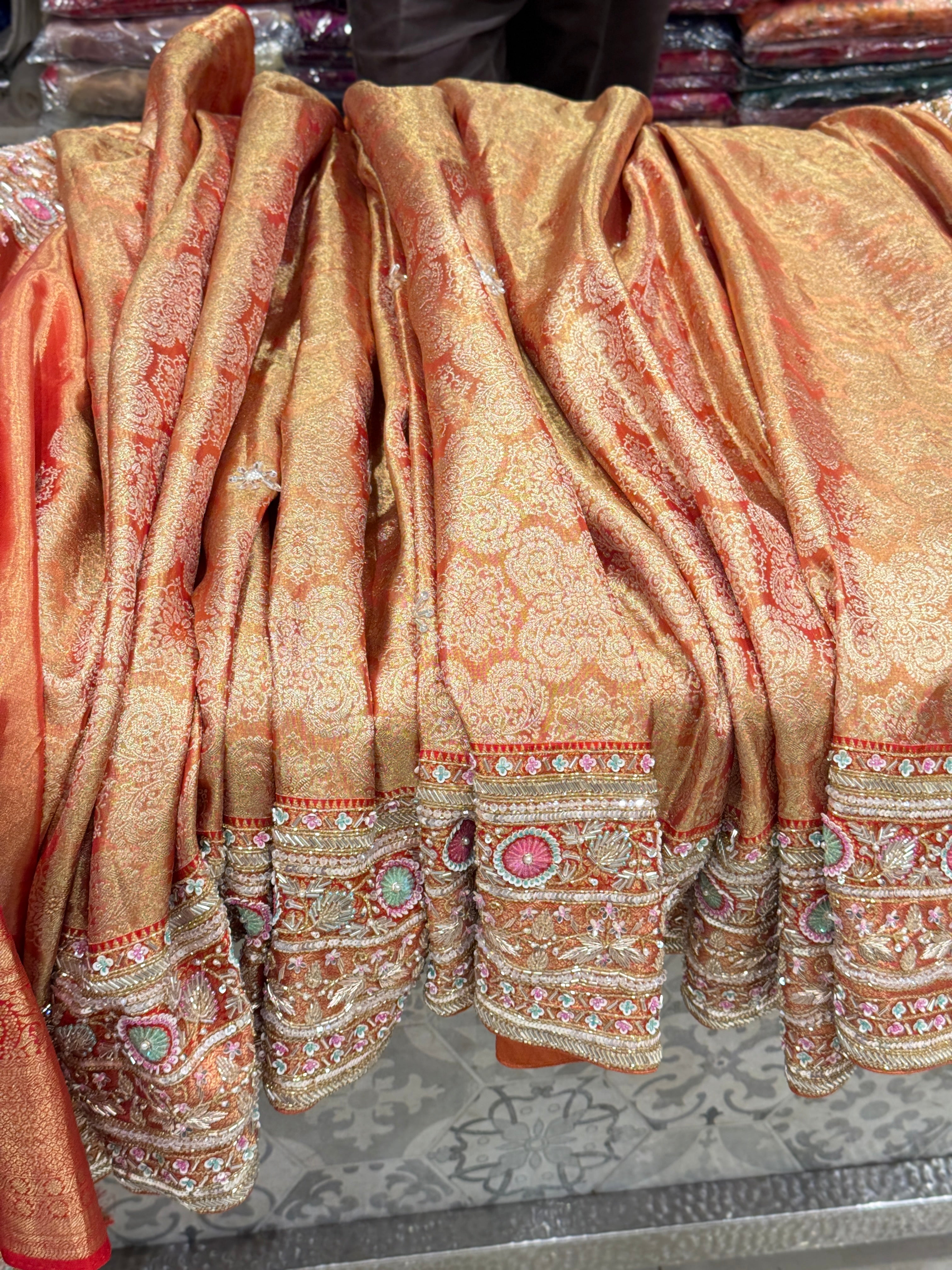 Red Gold Tissue Kanjivaram Hand Embroidery Saree