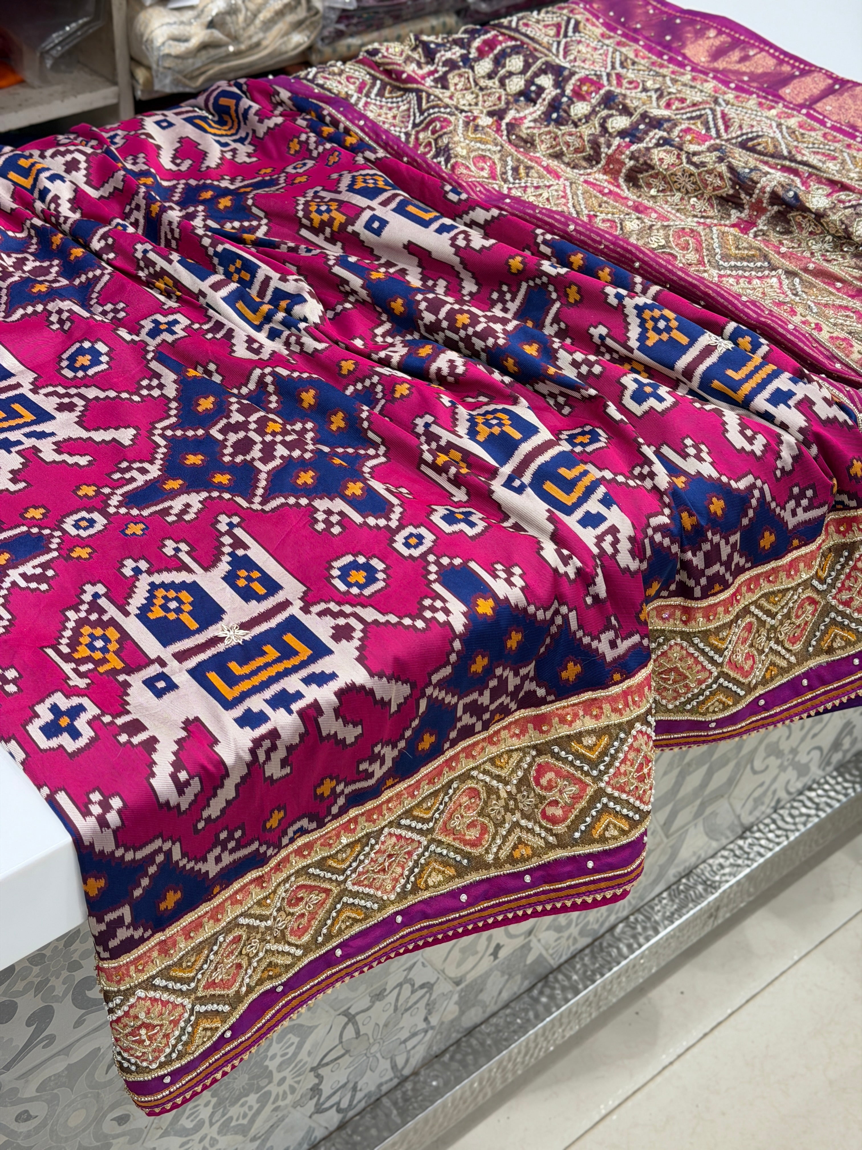 Blue Magenta Chabdi Elephant Patola Zardosi Hand Embroidery Saree