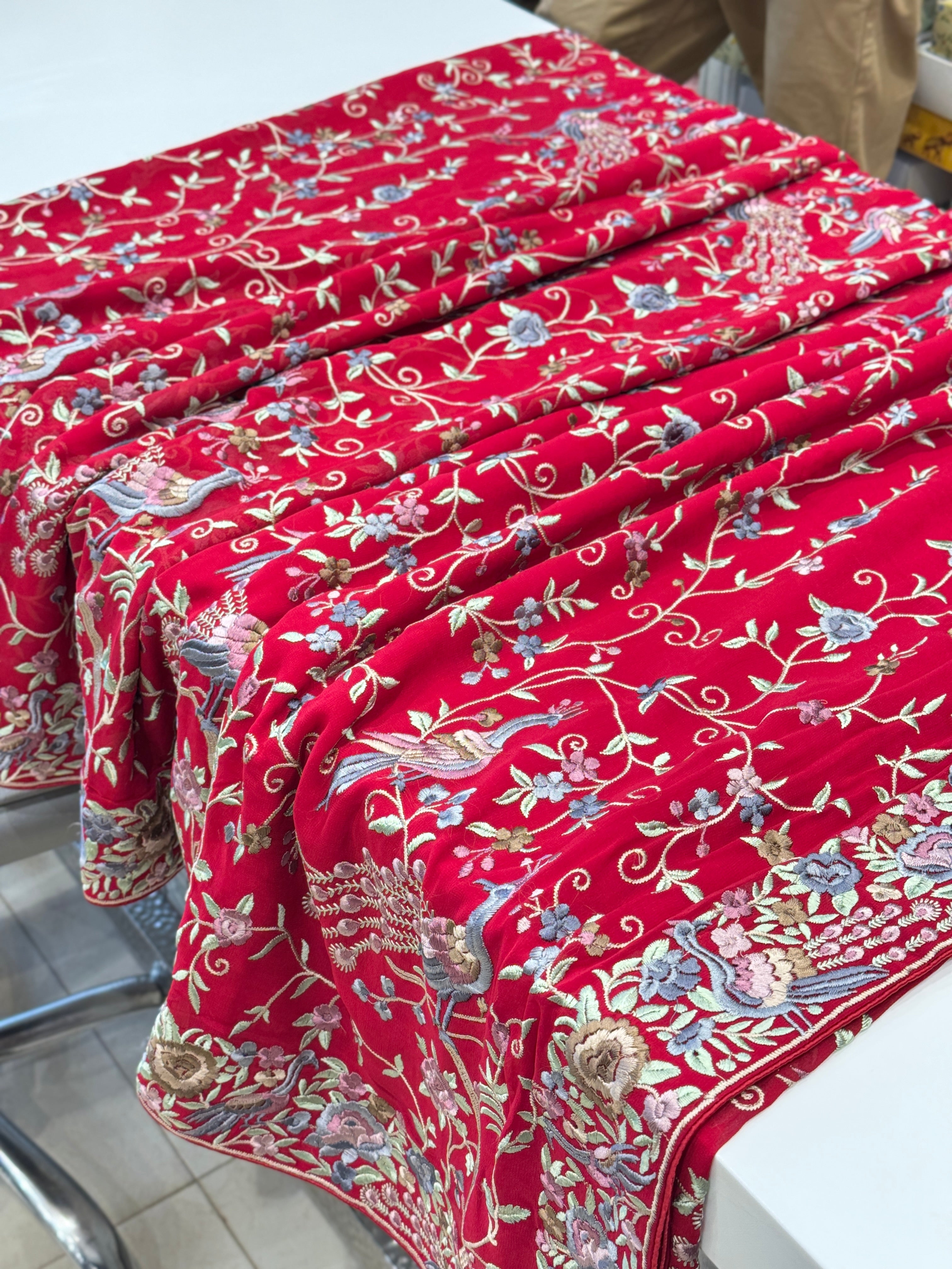 Red Georgette Parsi Gara Peacocks Saree