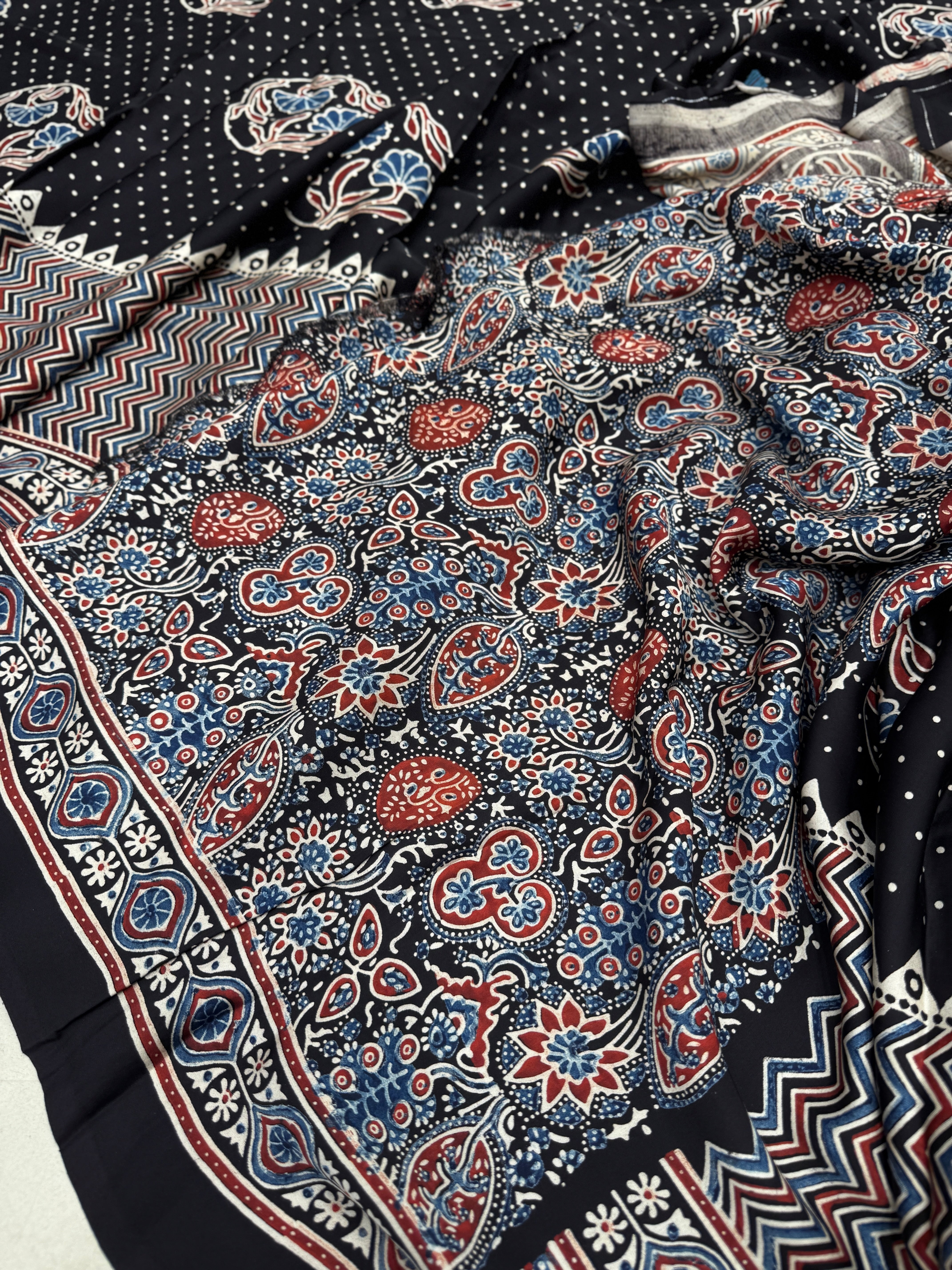 Black Half n Half Buttas Ajrakh Modal Gajji Silk Saree