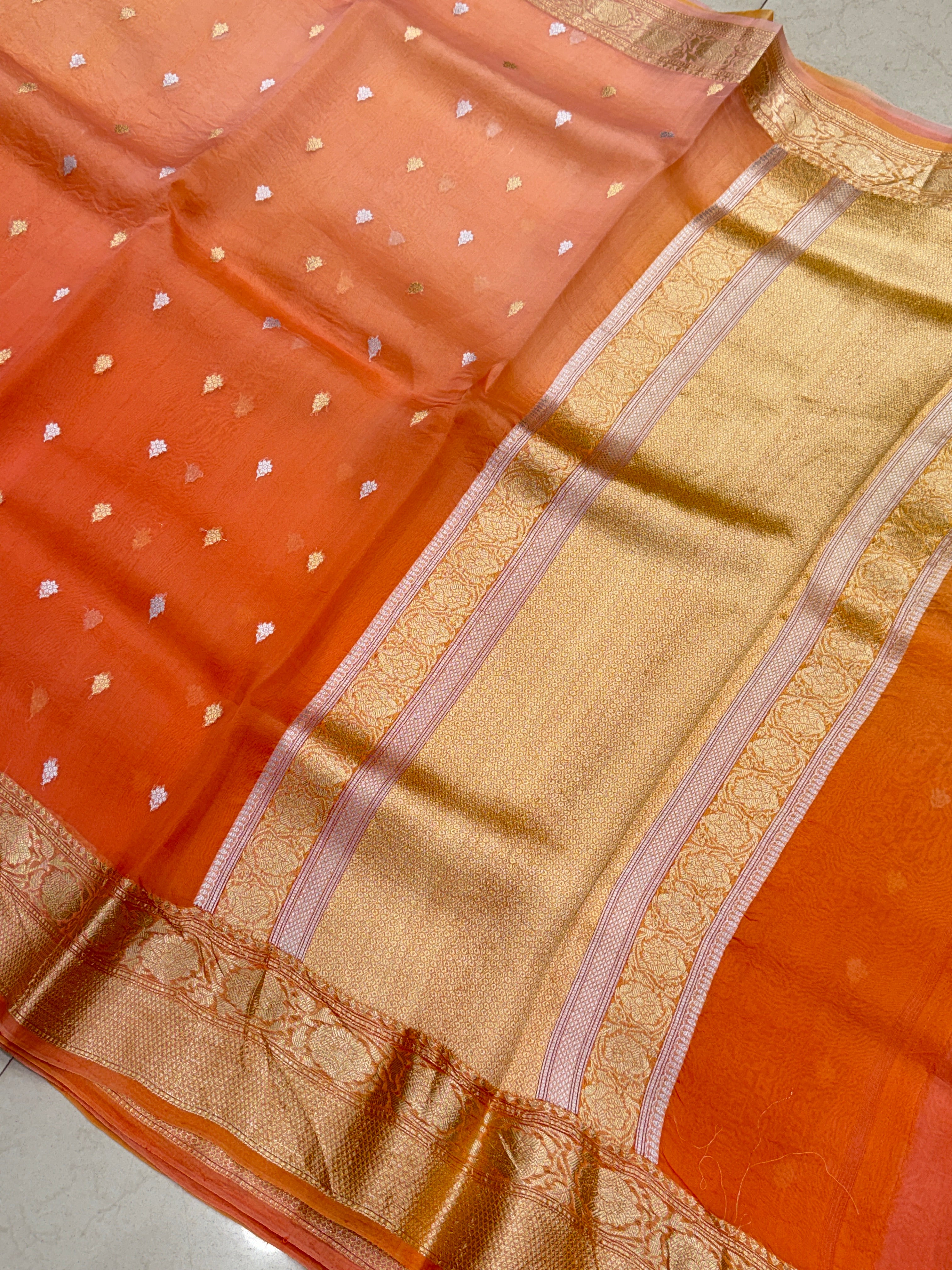 Orange Shaded Buttis Banarasi Handloom Kora Saree