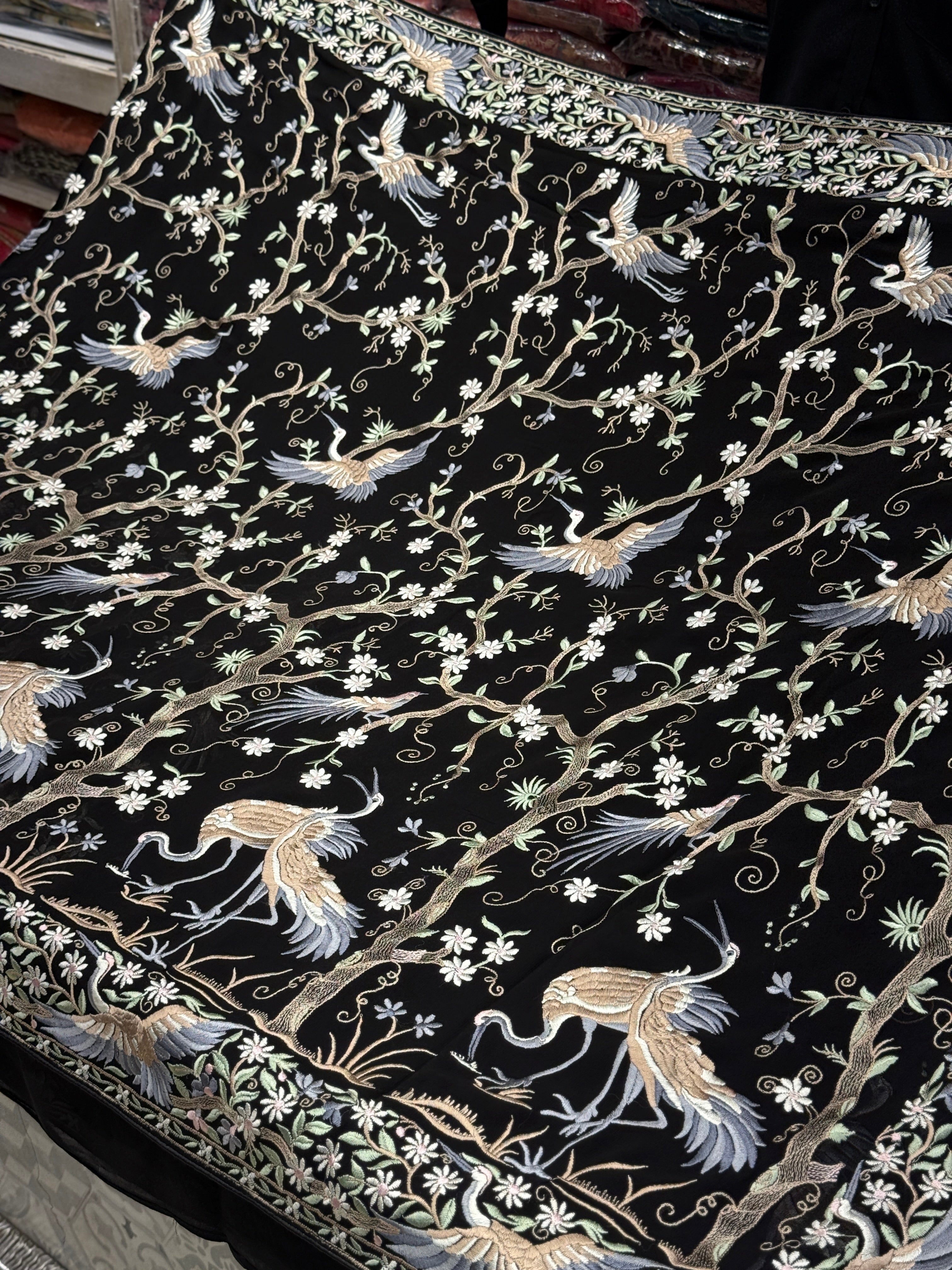 Black Tree Of Life Flamingo Parsi Gara Saree