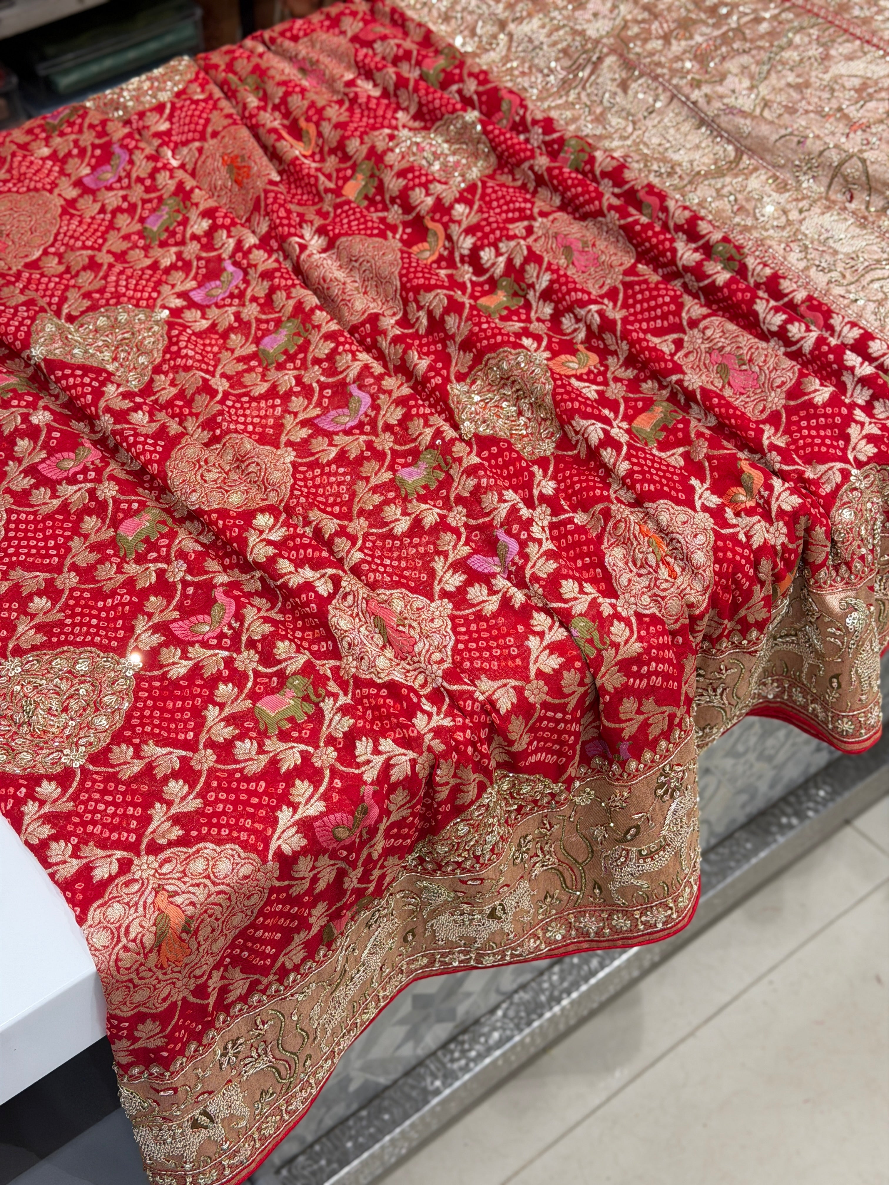 Red Meenakari Rai Bandhej Saree Elephant Motif Zardosi Hand Embroidery