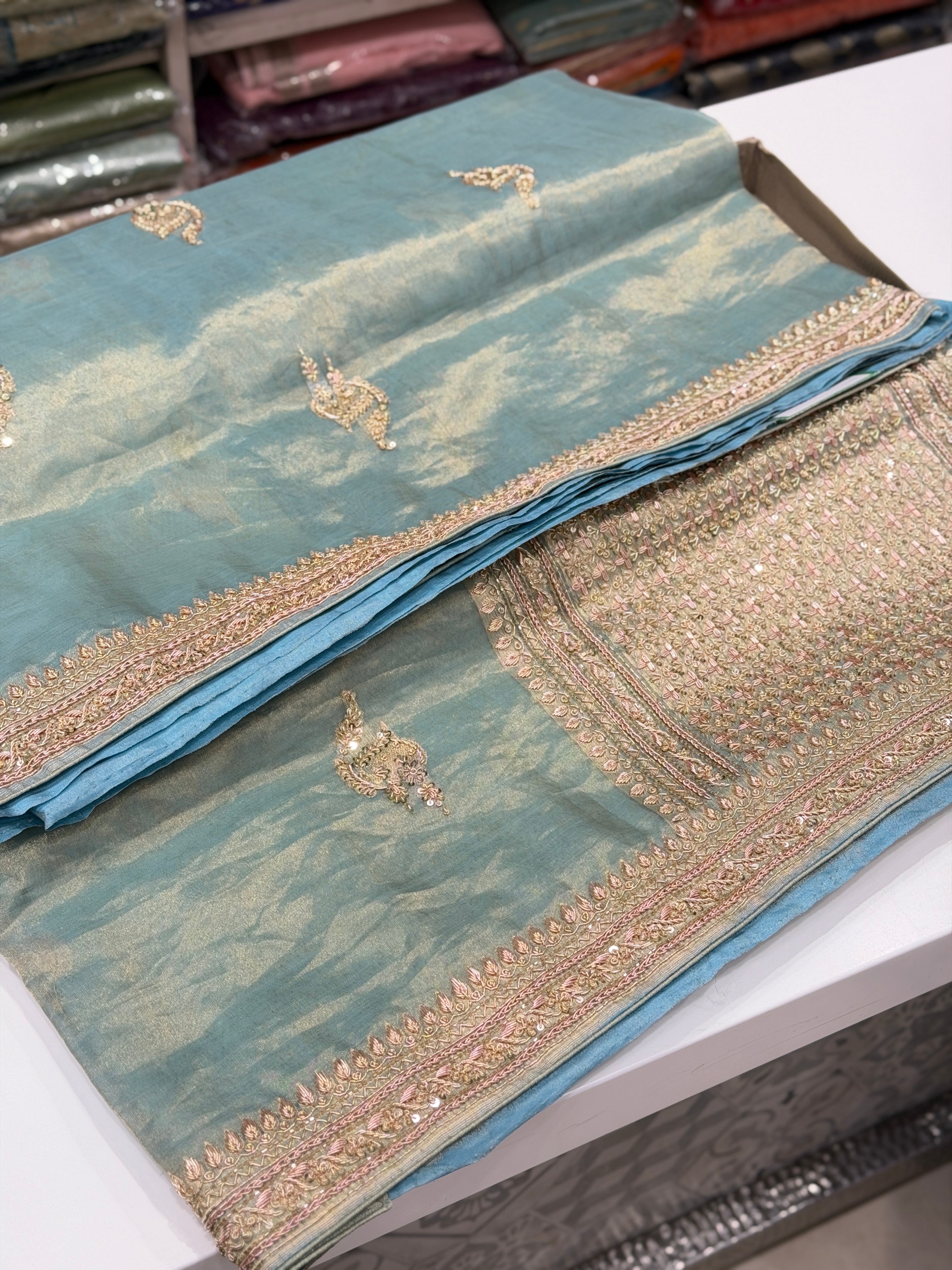 Sea Green Meenakari Banarasi Tissue Handloom Kadwa Weave Zardosi Embroidery Saree