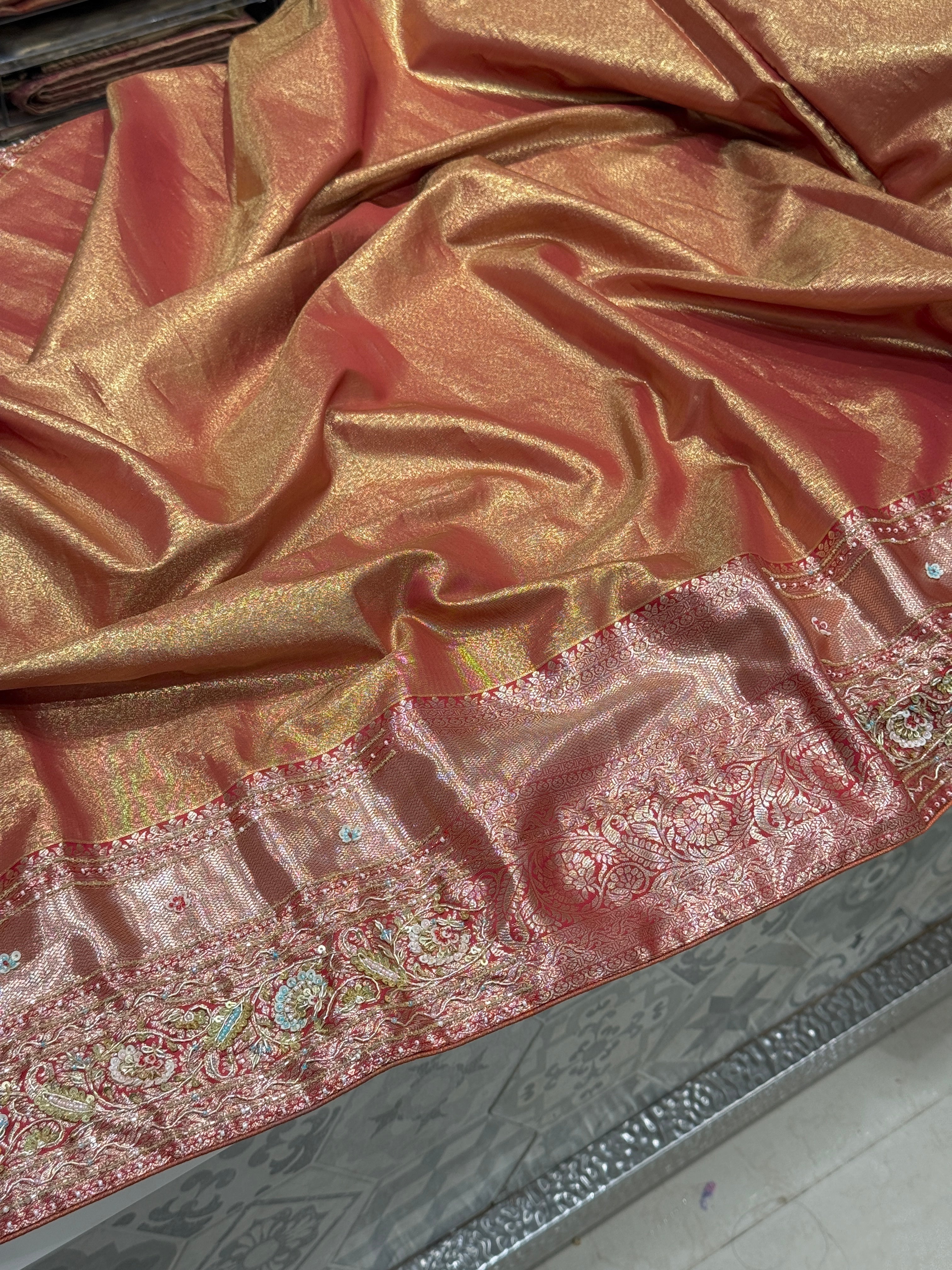 Golden Red Tissue Kanjivaram Hand Embroidery Saree