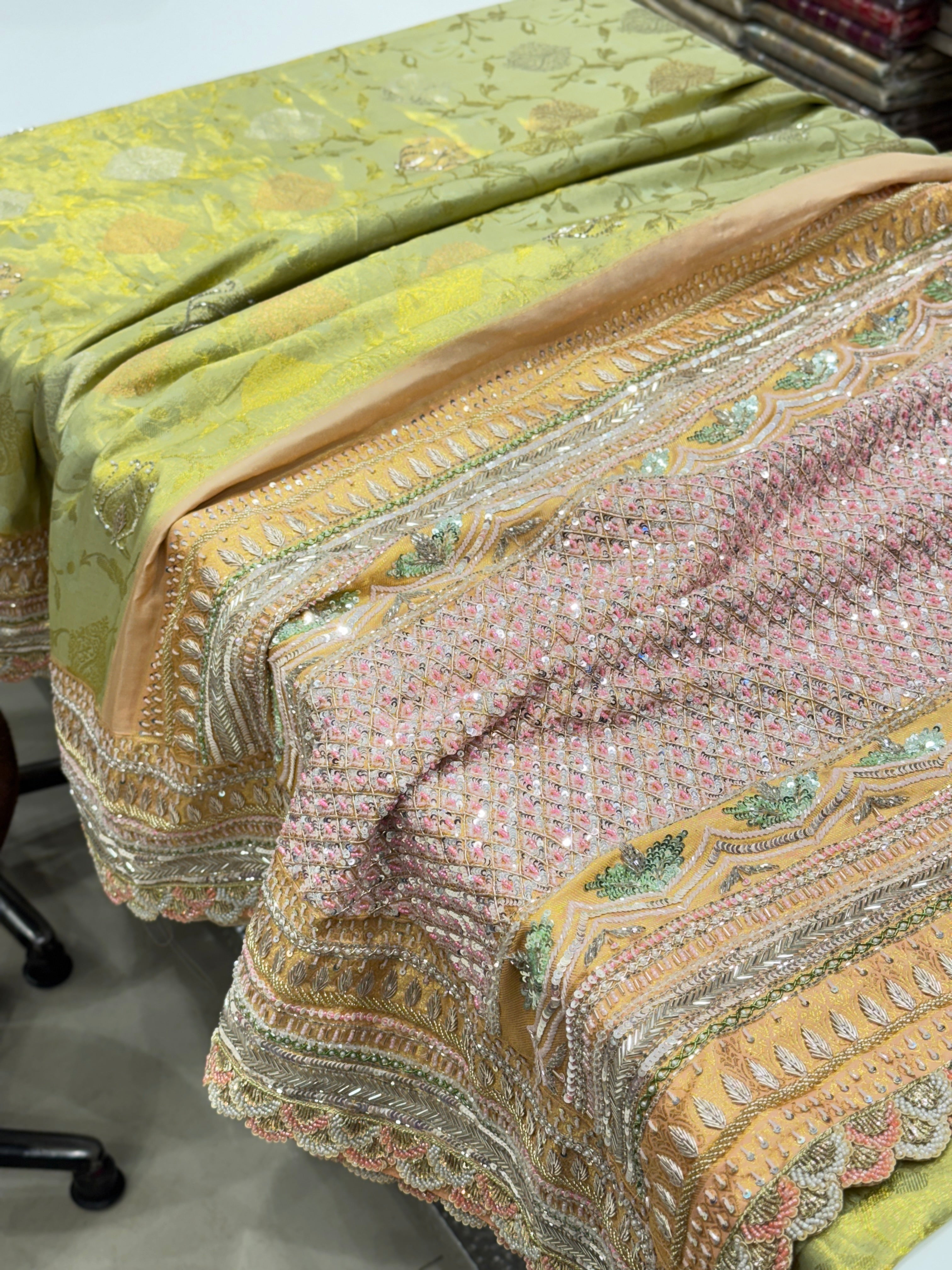 Green Peach Woven Kanjivaram Zardosi Hand Embroidery Saree