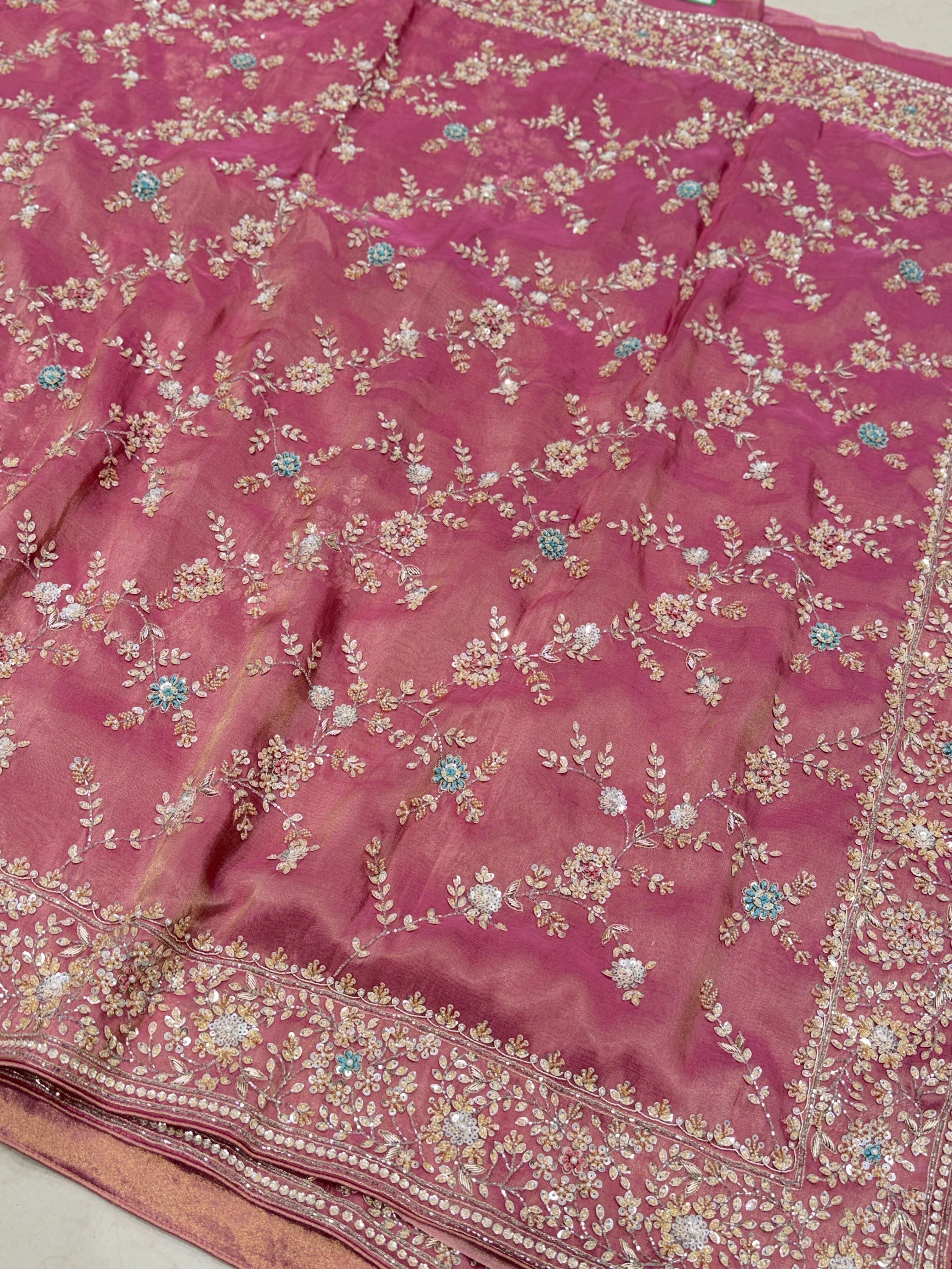 Pink Tissue Silk Moti Sequin Zardosi Hand Embroidery Jaal Saree