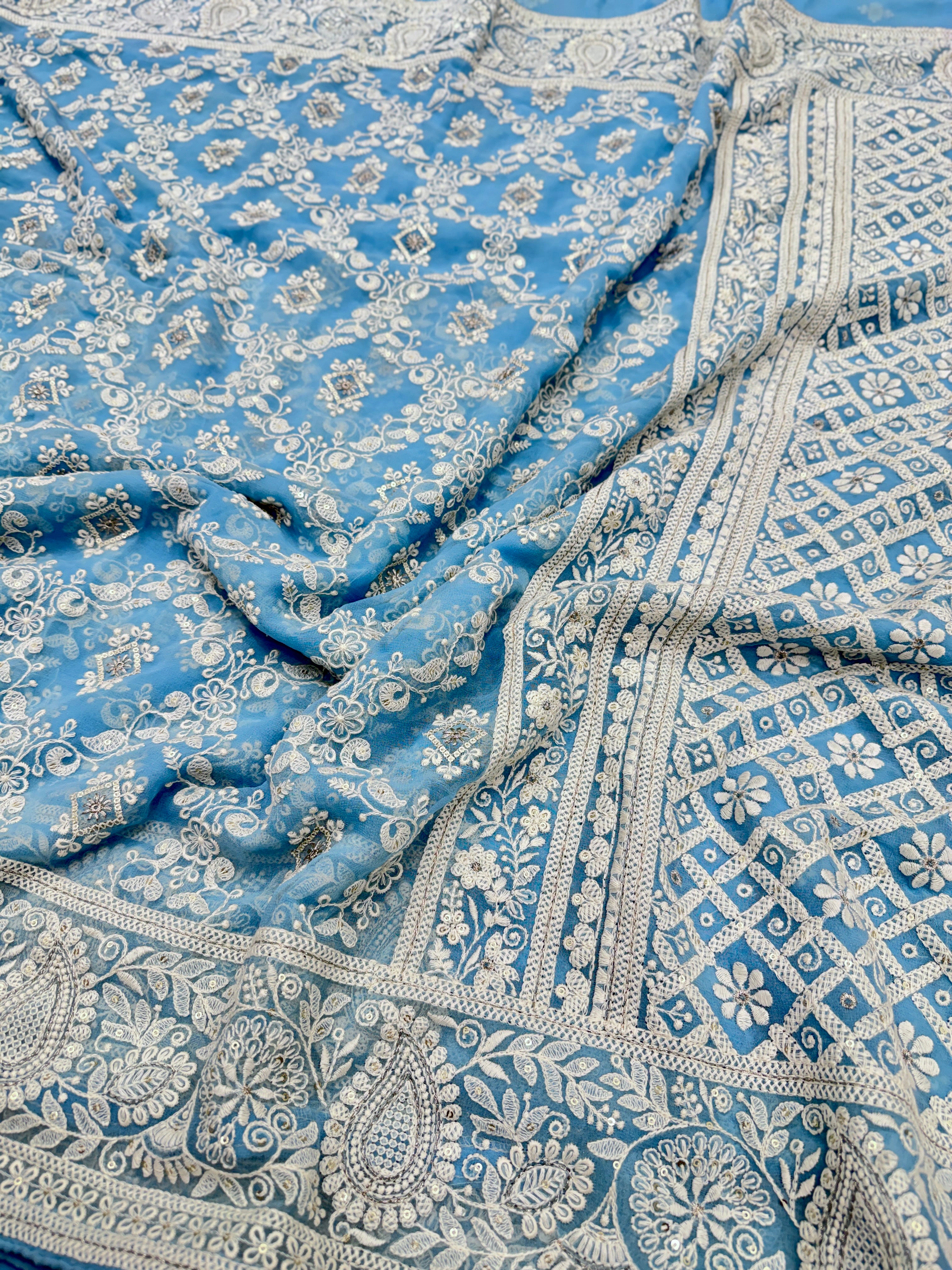 Light Blue Chikankari Georgette Cross Jaal Saree