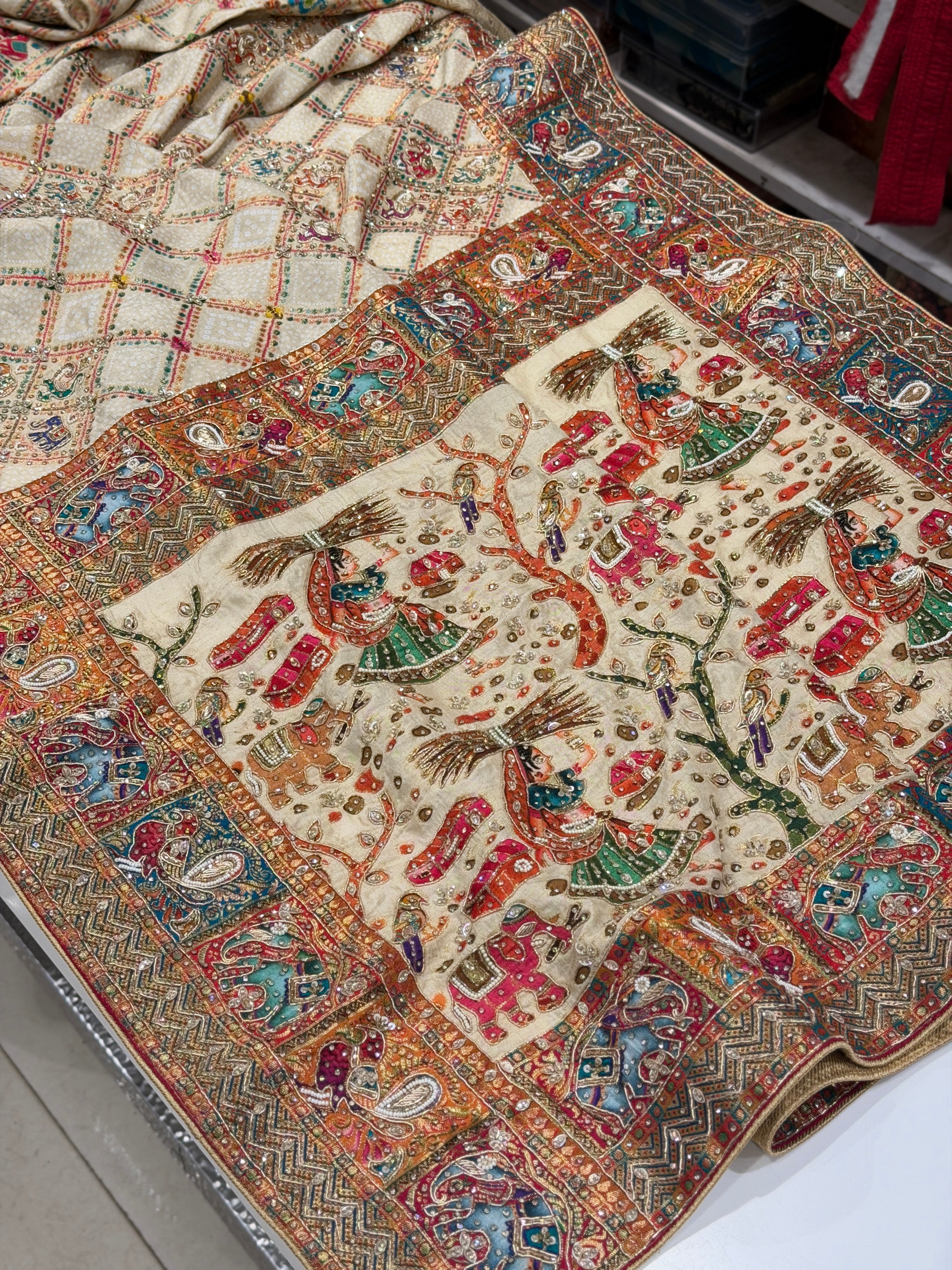 Beige Pashmina Banarasi Munga Patola Style Hand Embroidery Saree