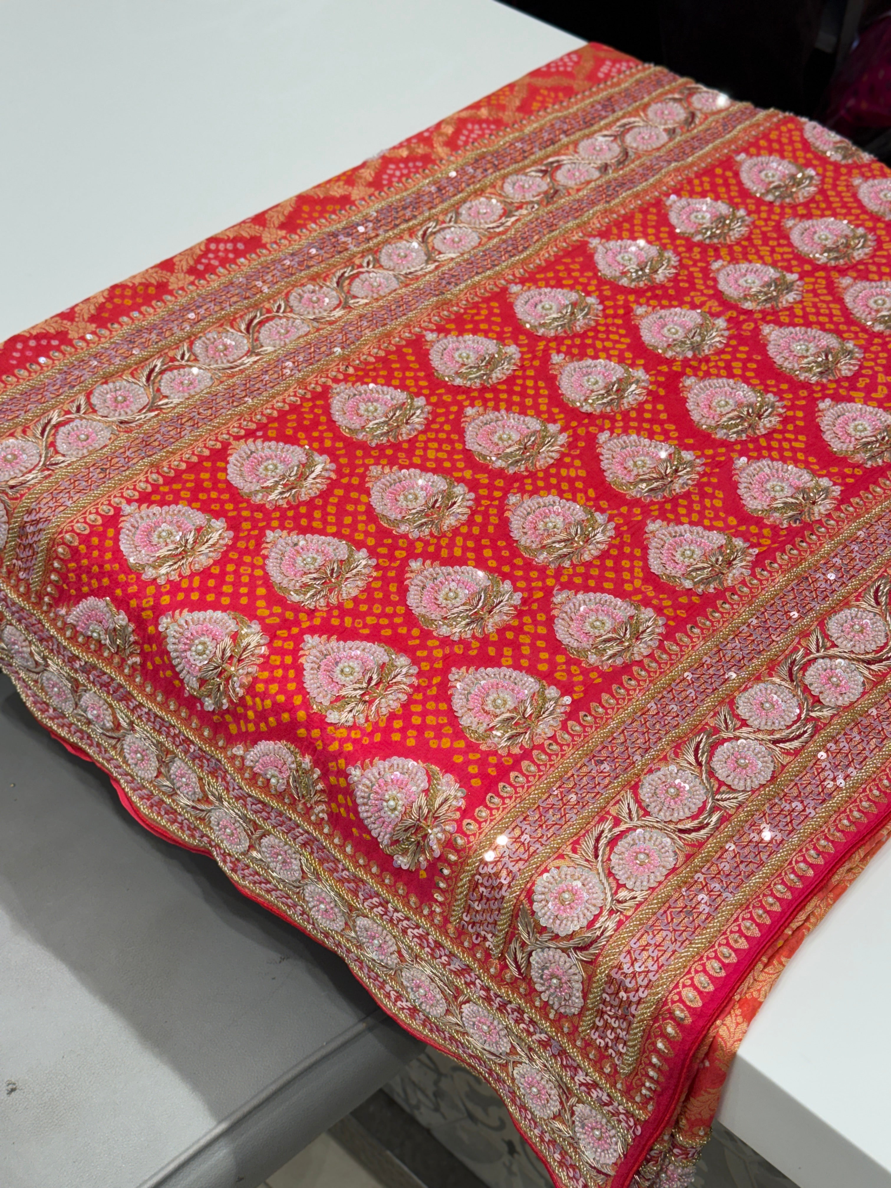 Shaded Peach Orange Bandhej Hand Embroidery Saree