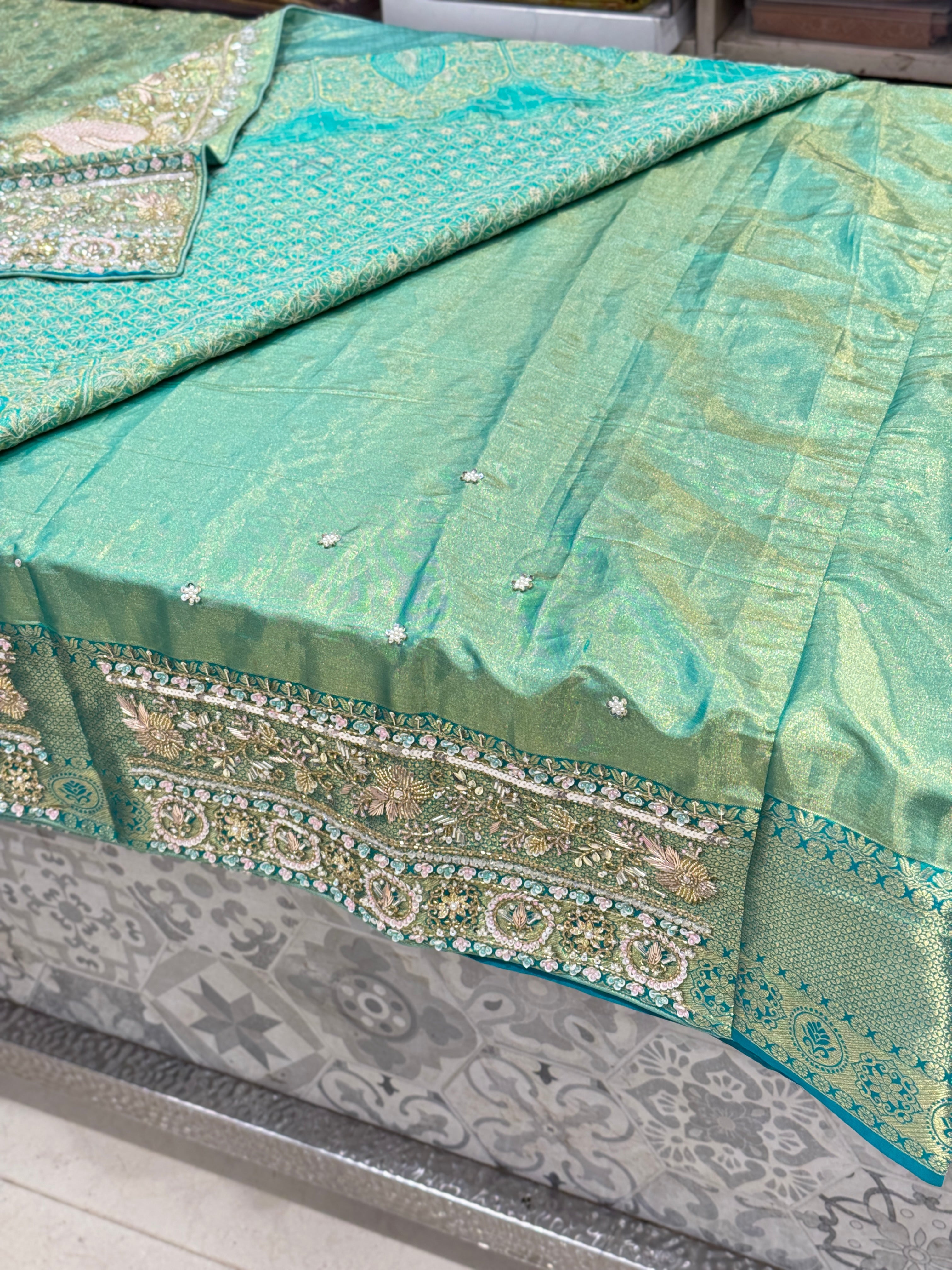 Pista Green Tissue Kanjivaram Hand Embroidery Saree