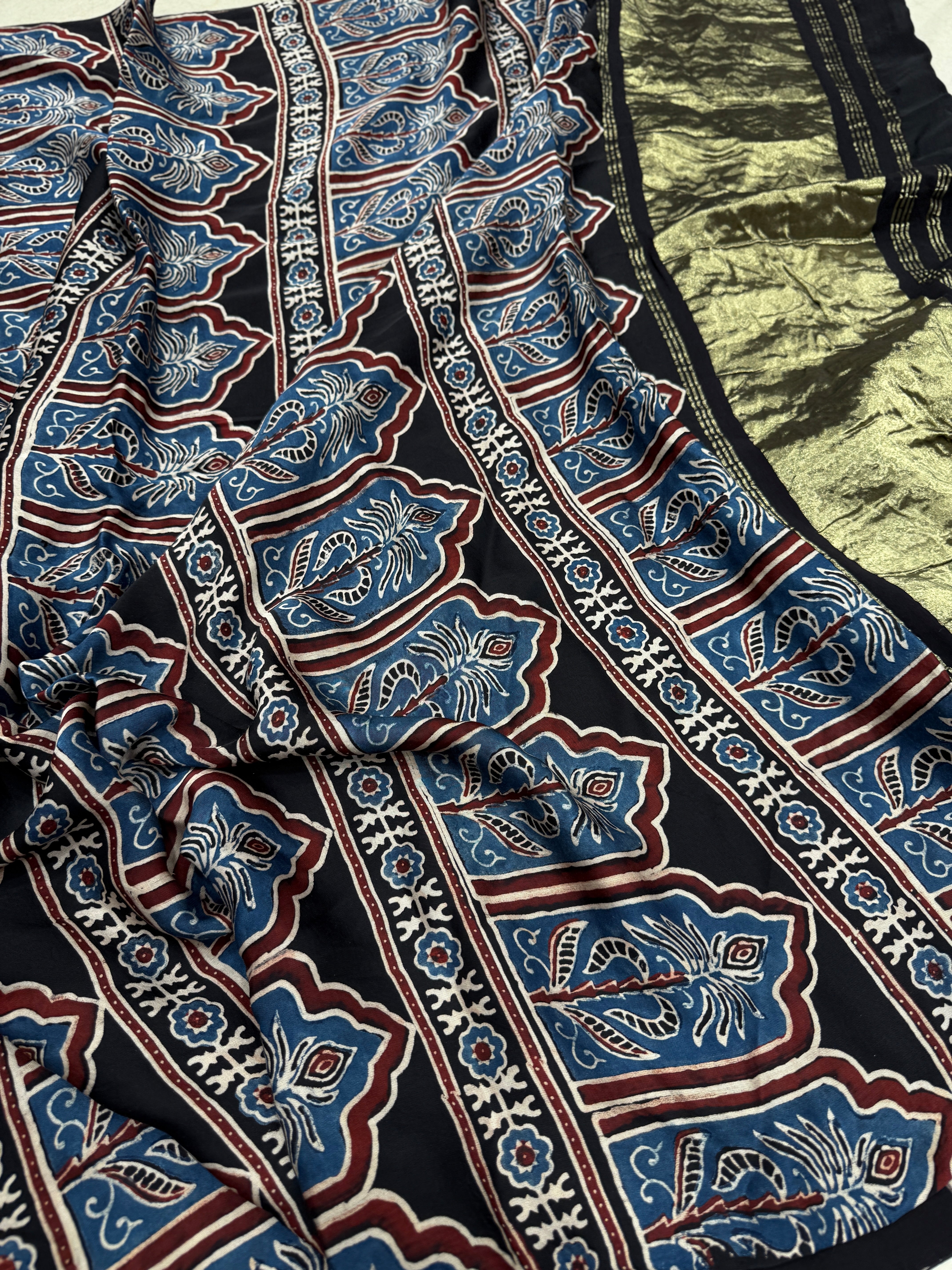 Black n White Lagdi Pata Ajrakh Hand Block Print Pure Gajji Silk Saree