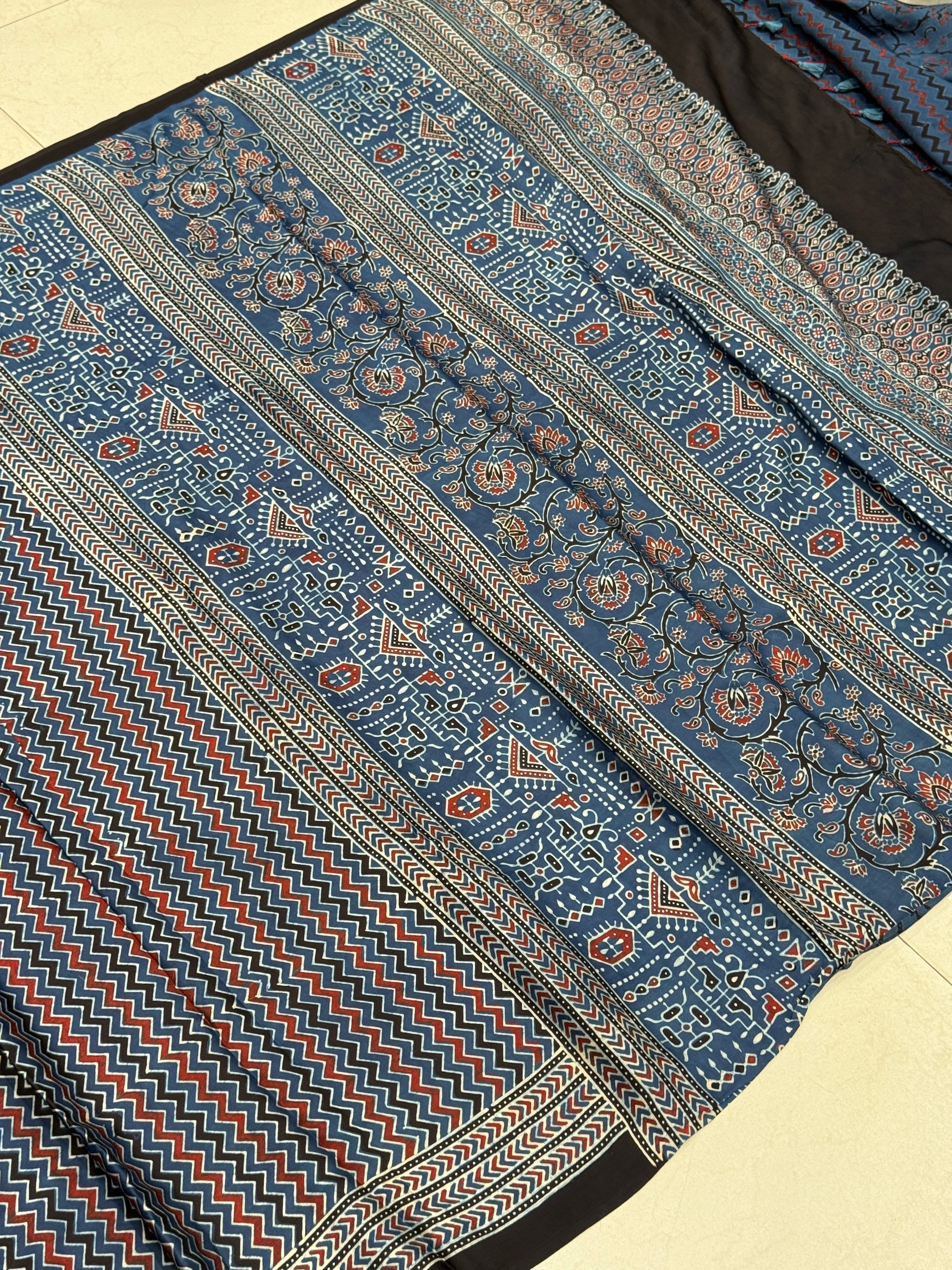 Blue Zig Zag Ajrakh Modal Gajji Silk Saree