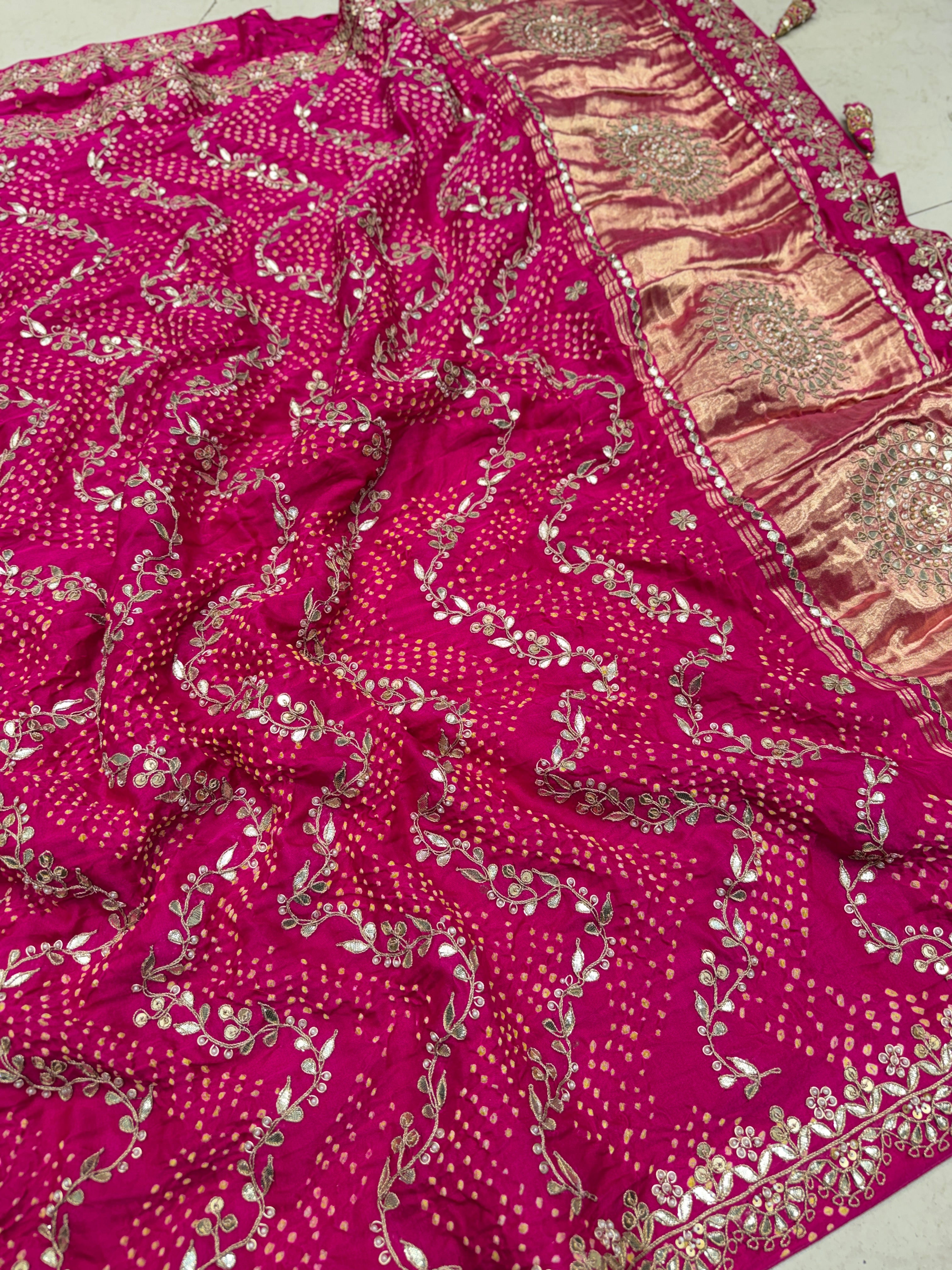 Rani Pink Gajji Silk Rai Bandhej Hand Done Gotapatti Saree
