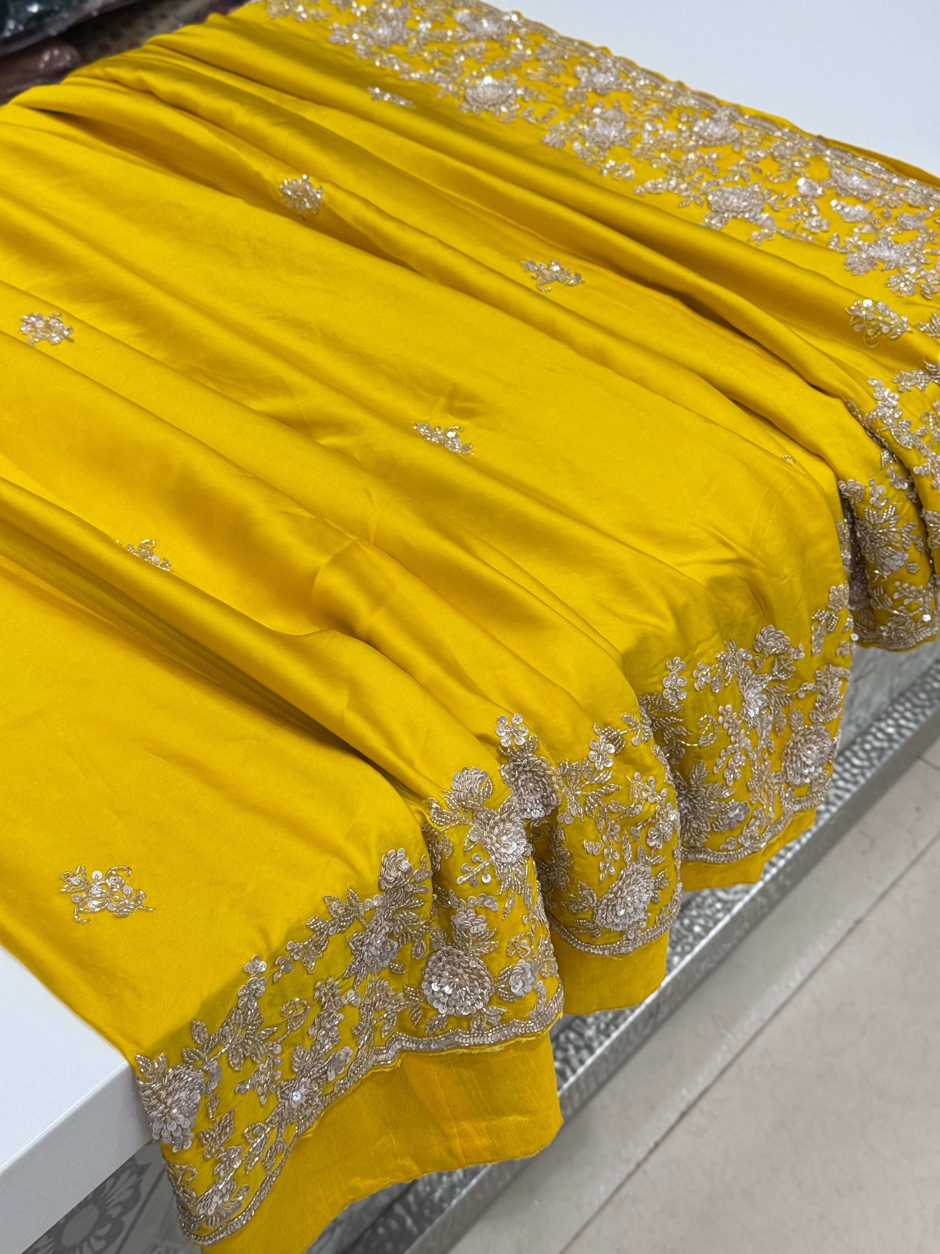 Yellow Satin Silk Hand Embroidery Moti Cutdana Saree