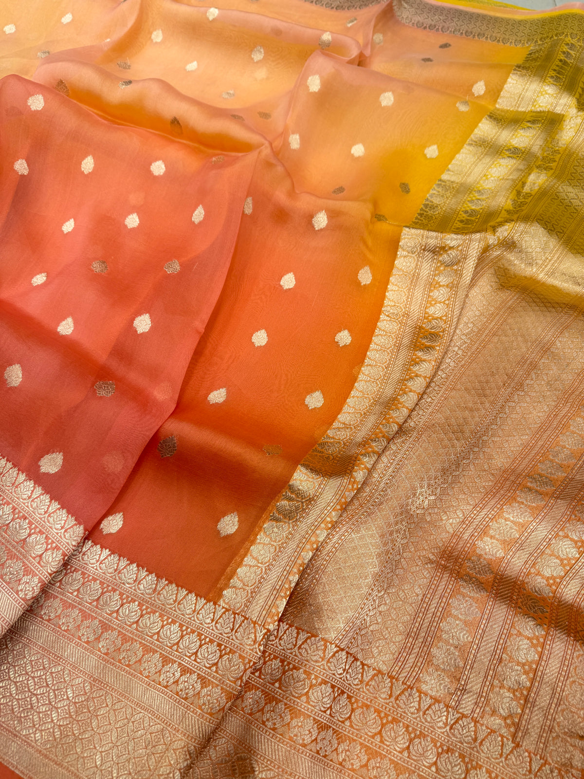 Orange Shaded Handloom Banarasi Kora Buttis Saree
