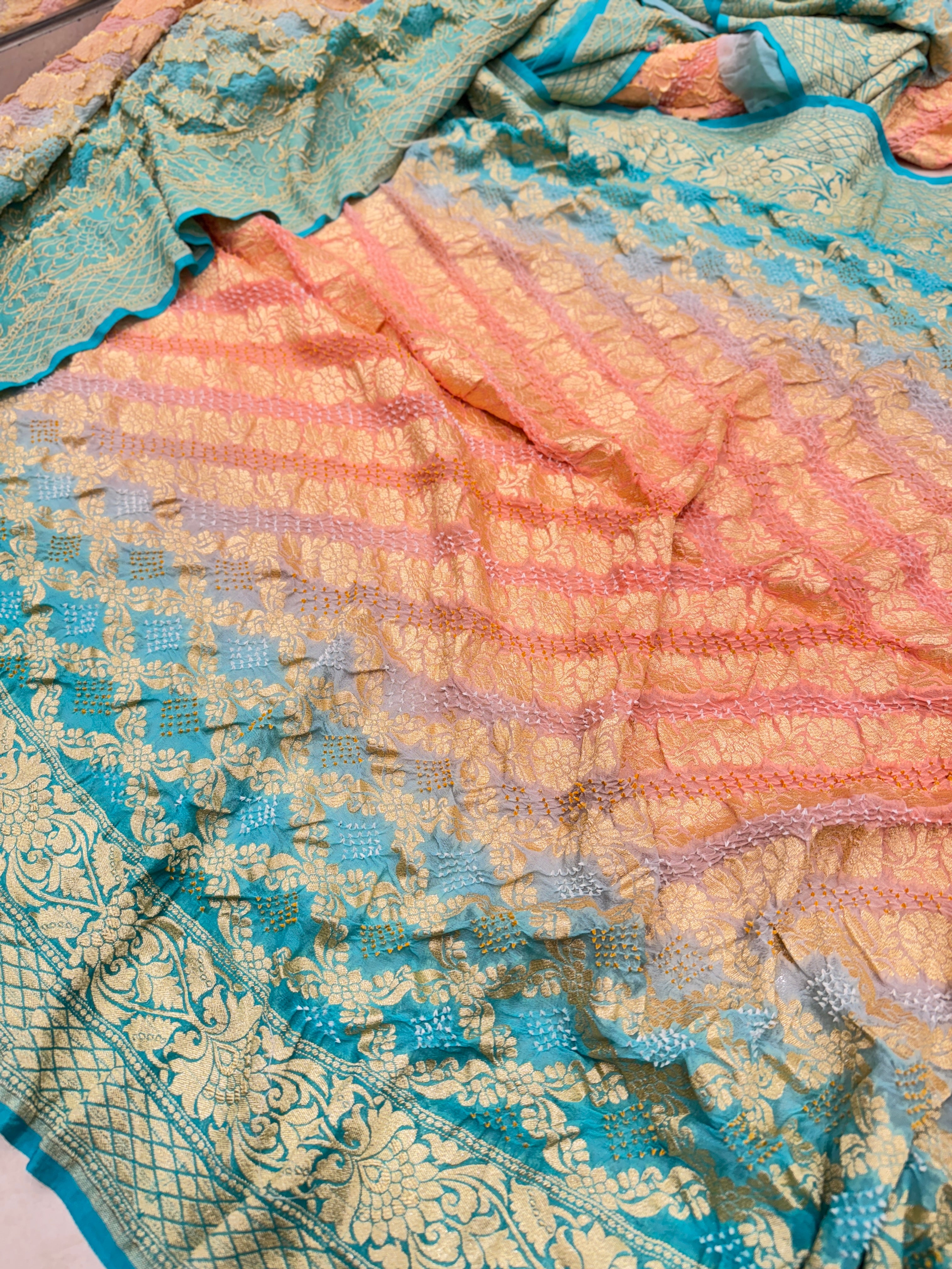 Peach Rama Shaded Bandhej Bandhini Saree