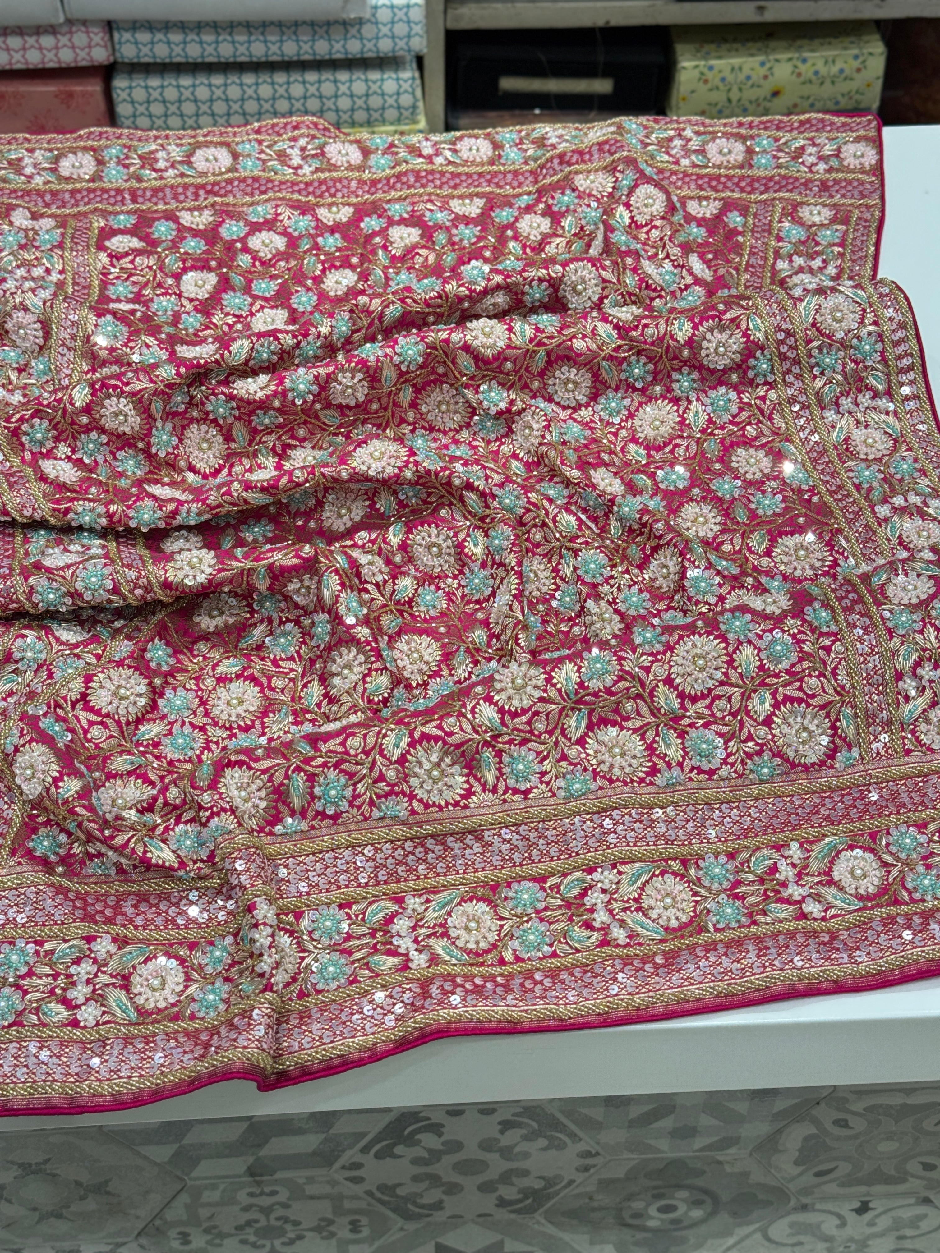 Rani Pink Banarasi Hand Embroidery Saree