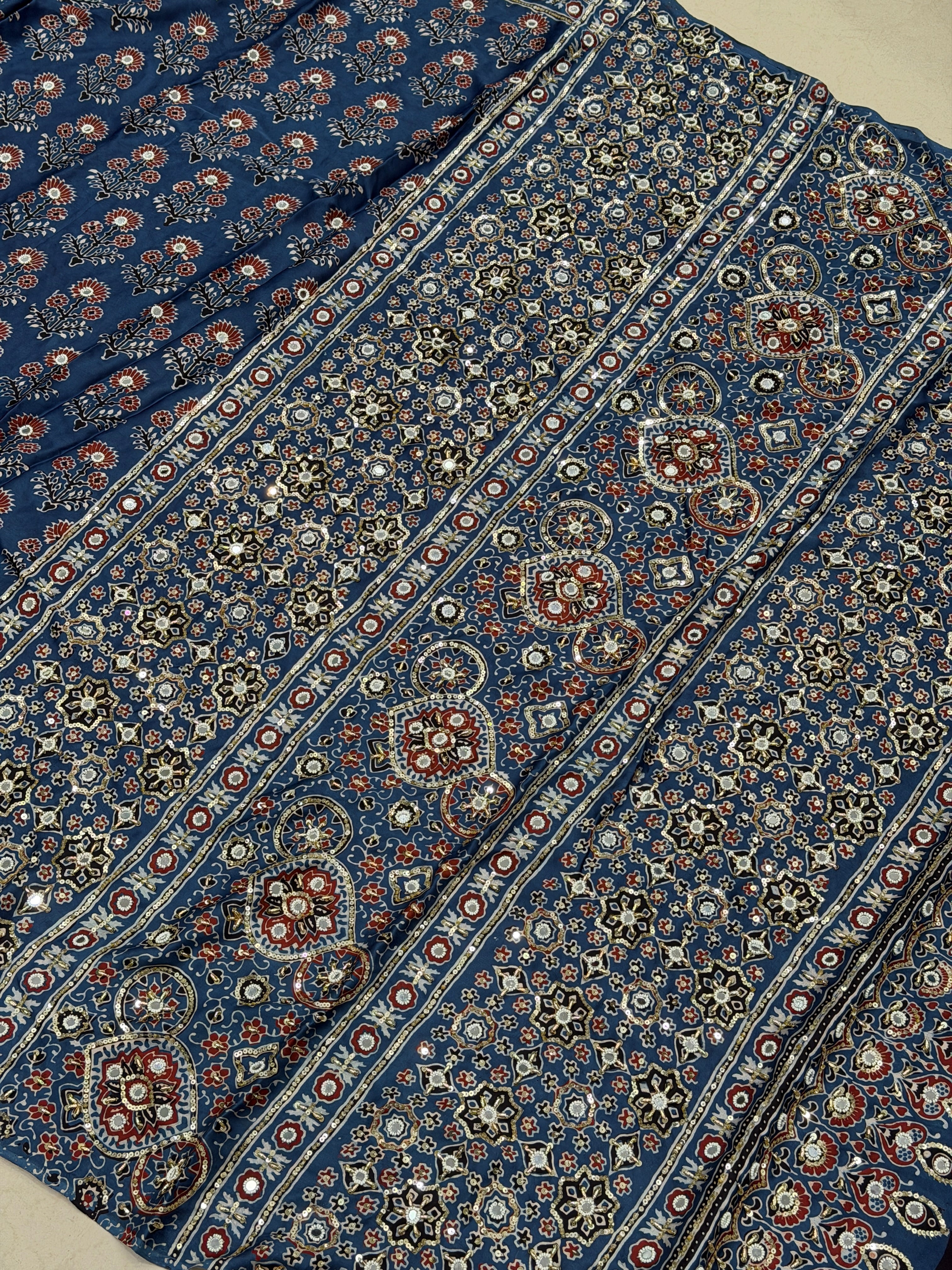 Blue Three Floral Buttas Ajrakh Real Mirror Moti Sequin Hand Embroidery Saree