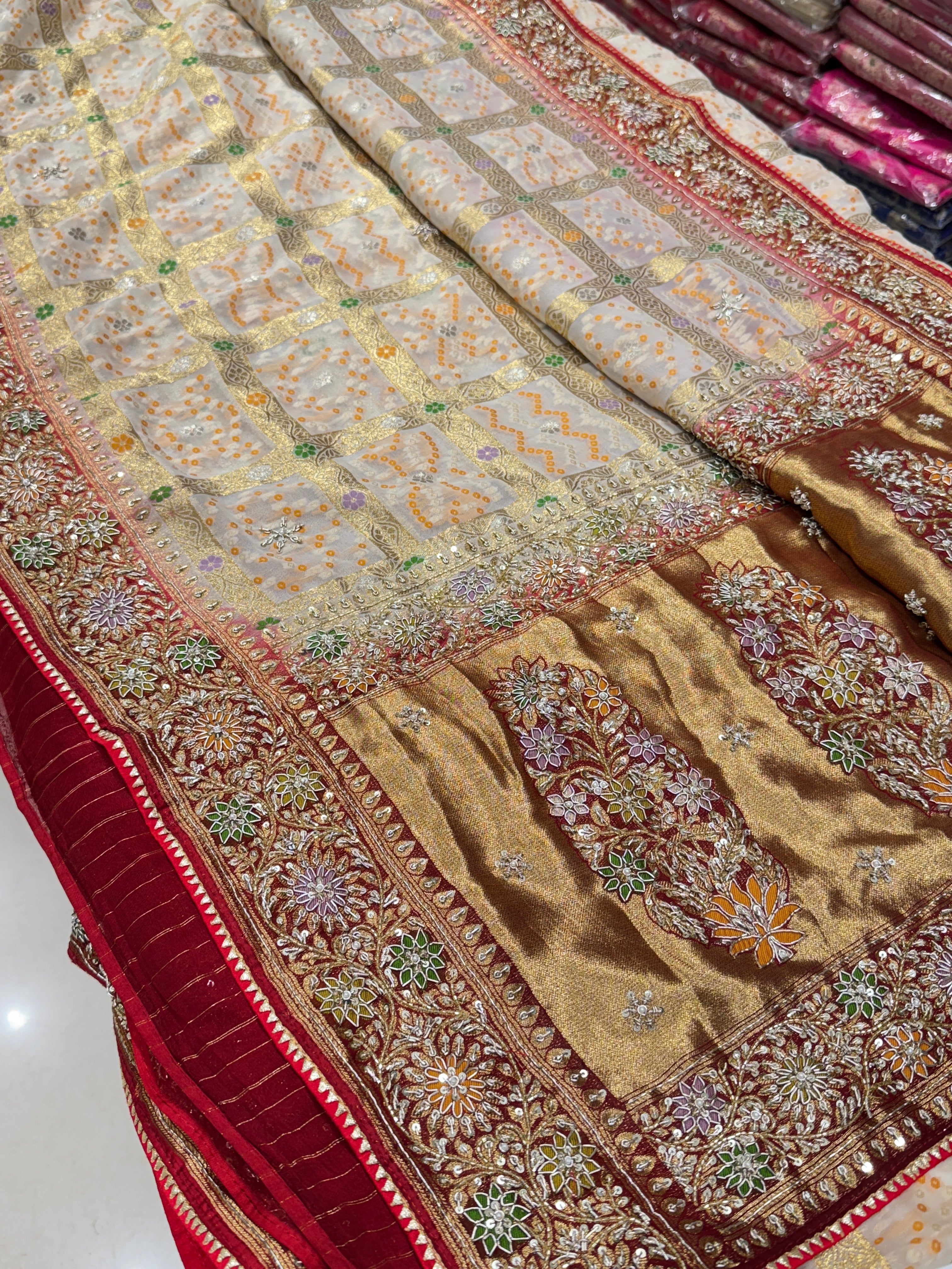 Beige Red Meenakari Gharchola Zardosi Embroidery Saree