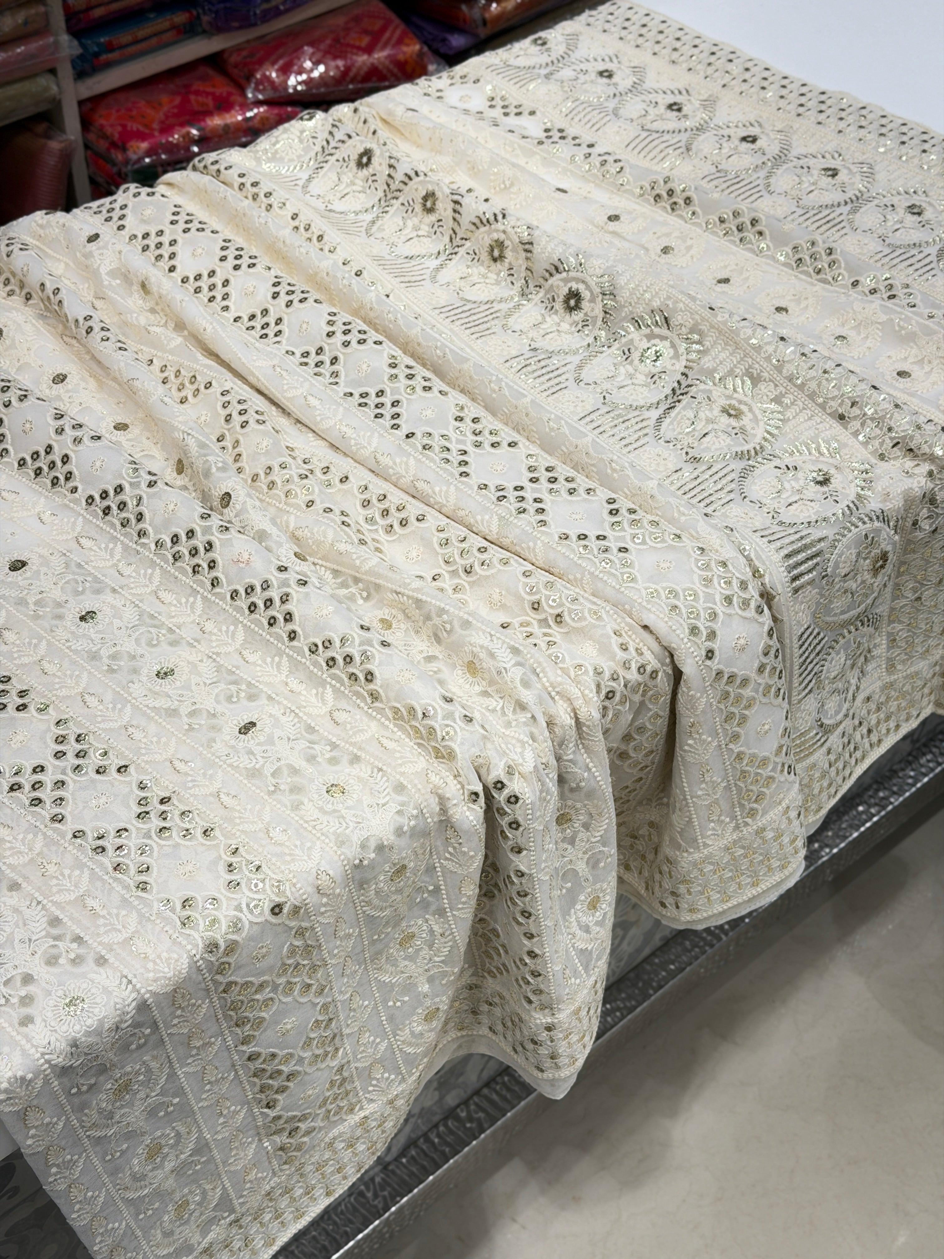 White Chikankari Mukaish Pita Georgette Saree